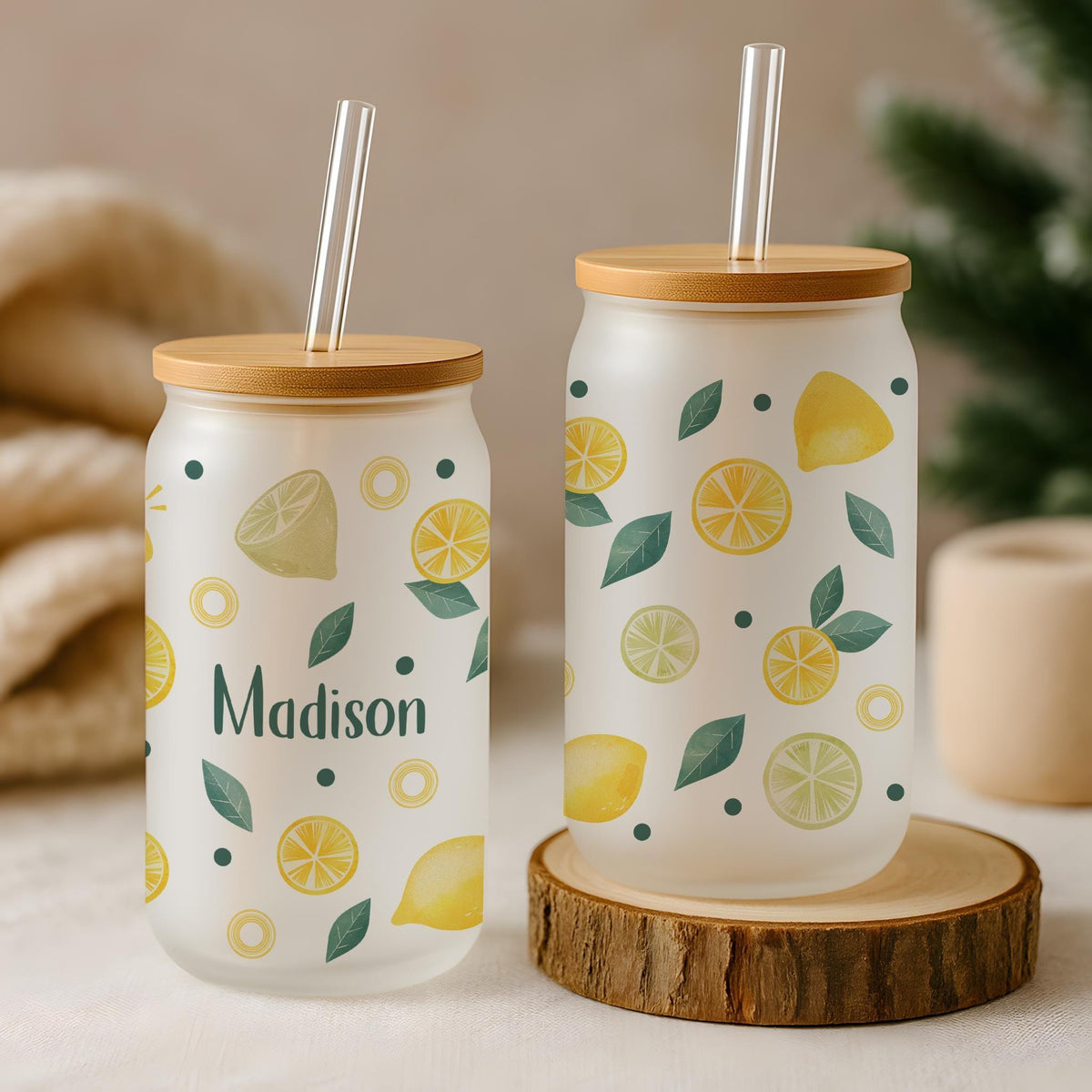 Personalized Lemon Glass Tumbler, Citrus Fruit Iced Lemonade Cup