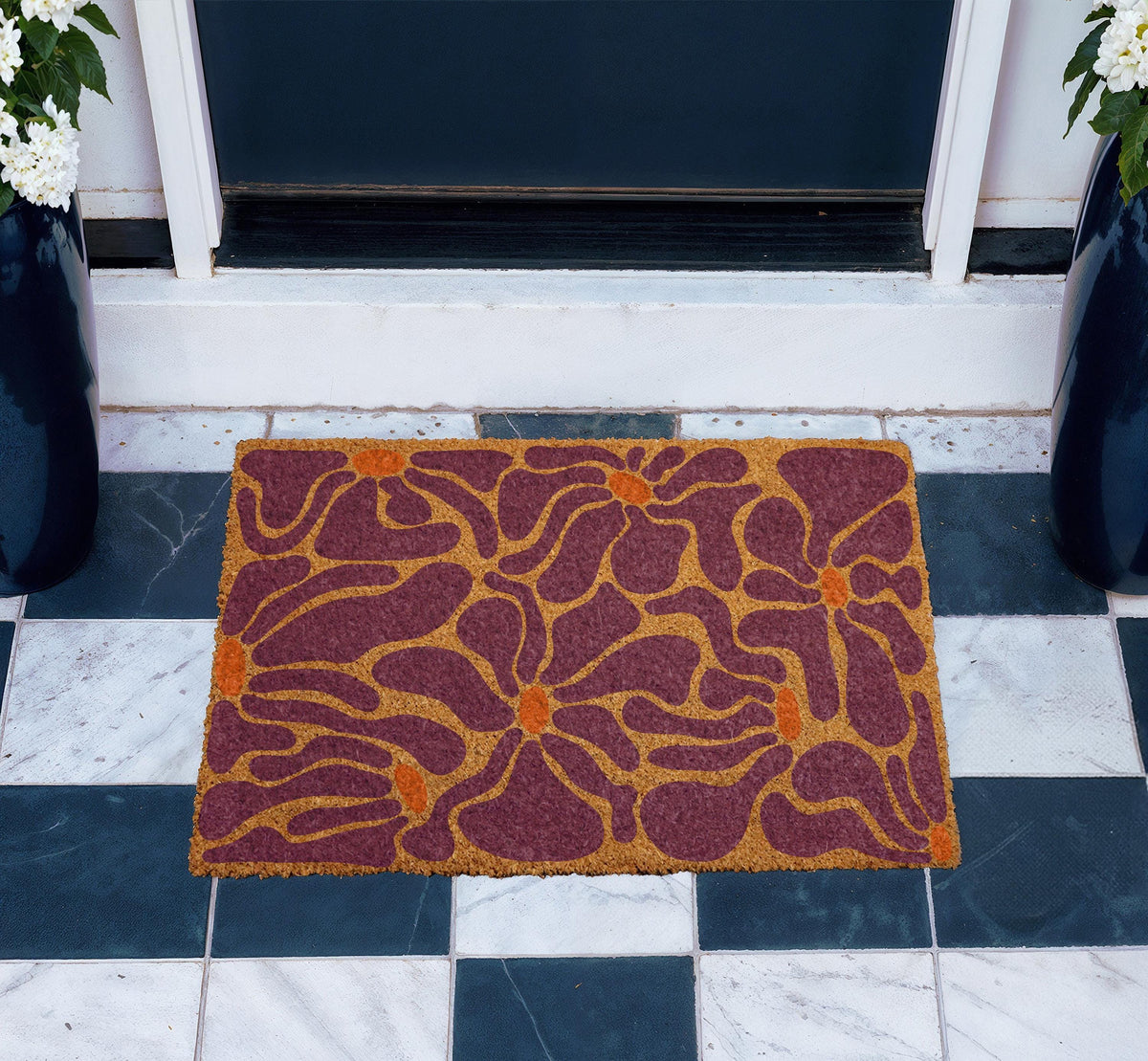 Floral Coir Doormat, Maximalist Flower Welcome Mat, Spring Porch Decor
