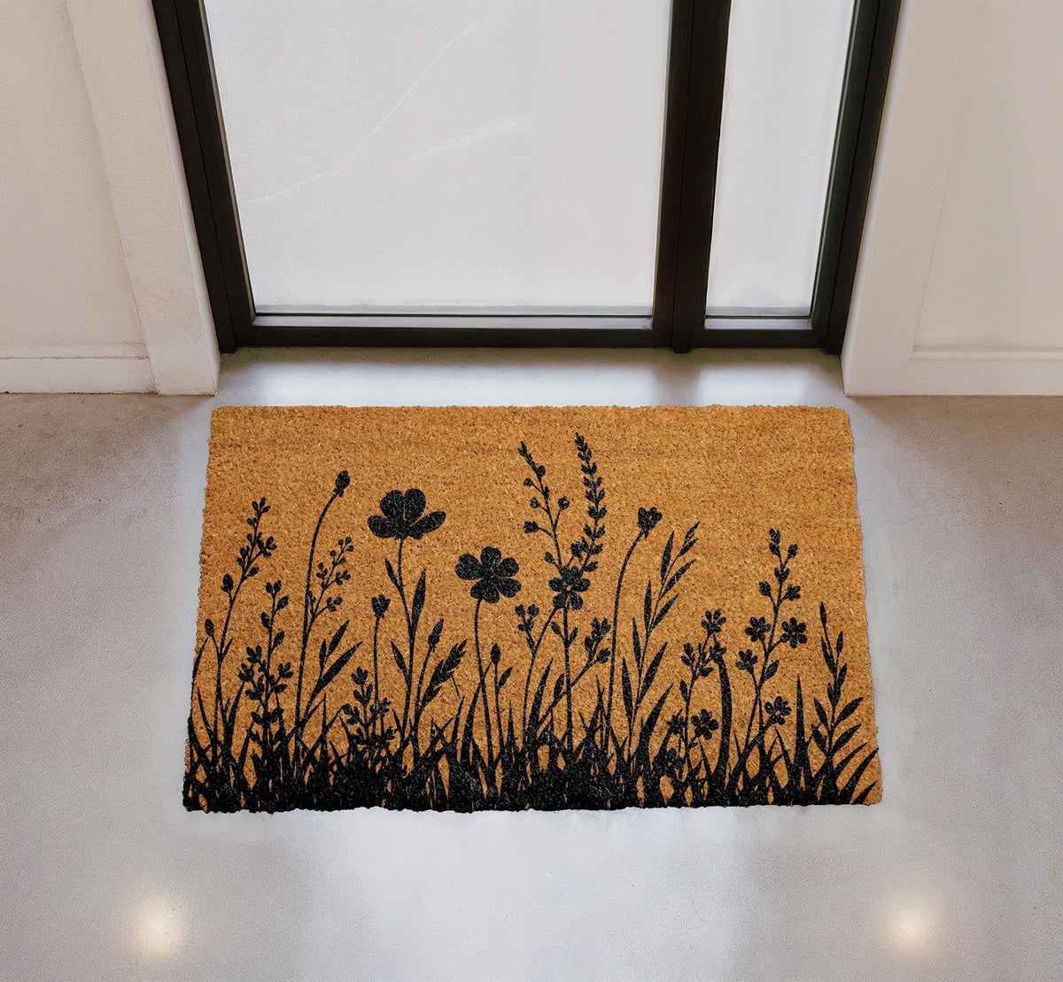 Natural Coir Floral Doormat, Black Silhouette Farmhouse Entryway Rug