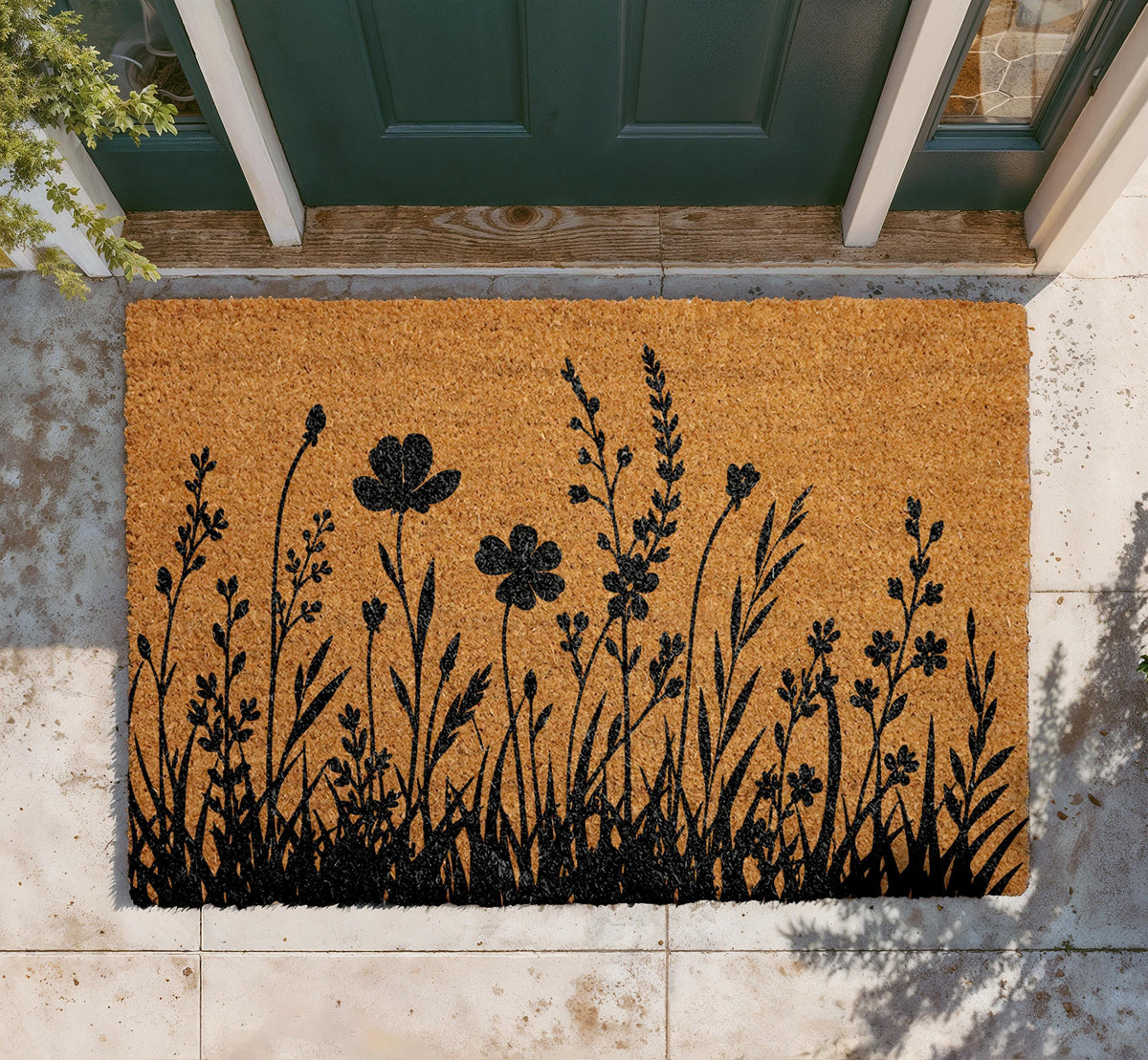 Natural Coir Floral Doormat, Black Silhouette Farmhouse Entryway Rug