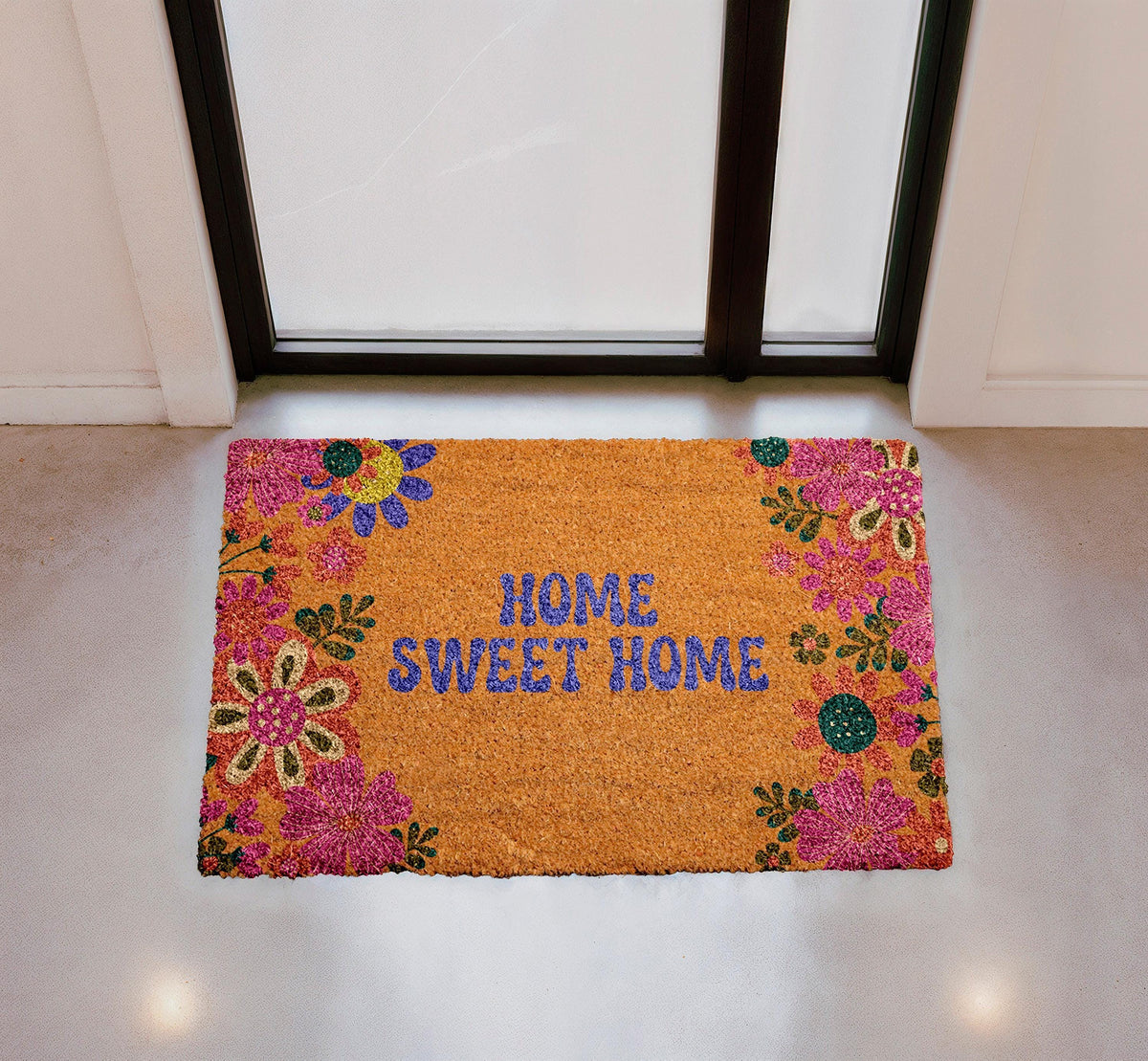 Home Sweet Home Doormat, Colorful Floral Botanical Coir Mat, Outdoor Entry Rug