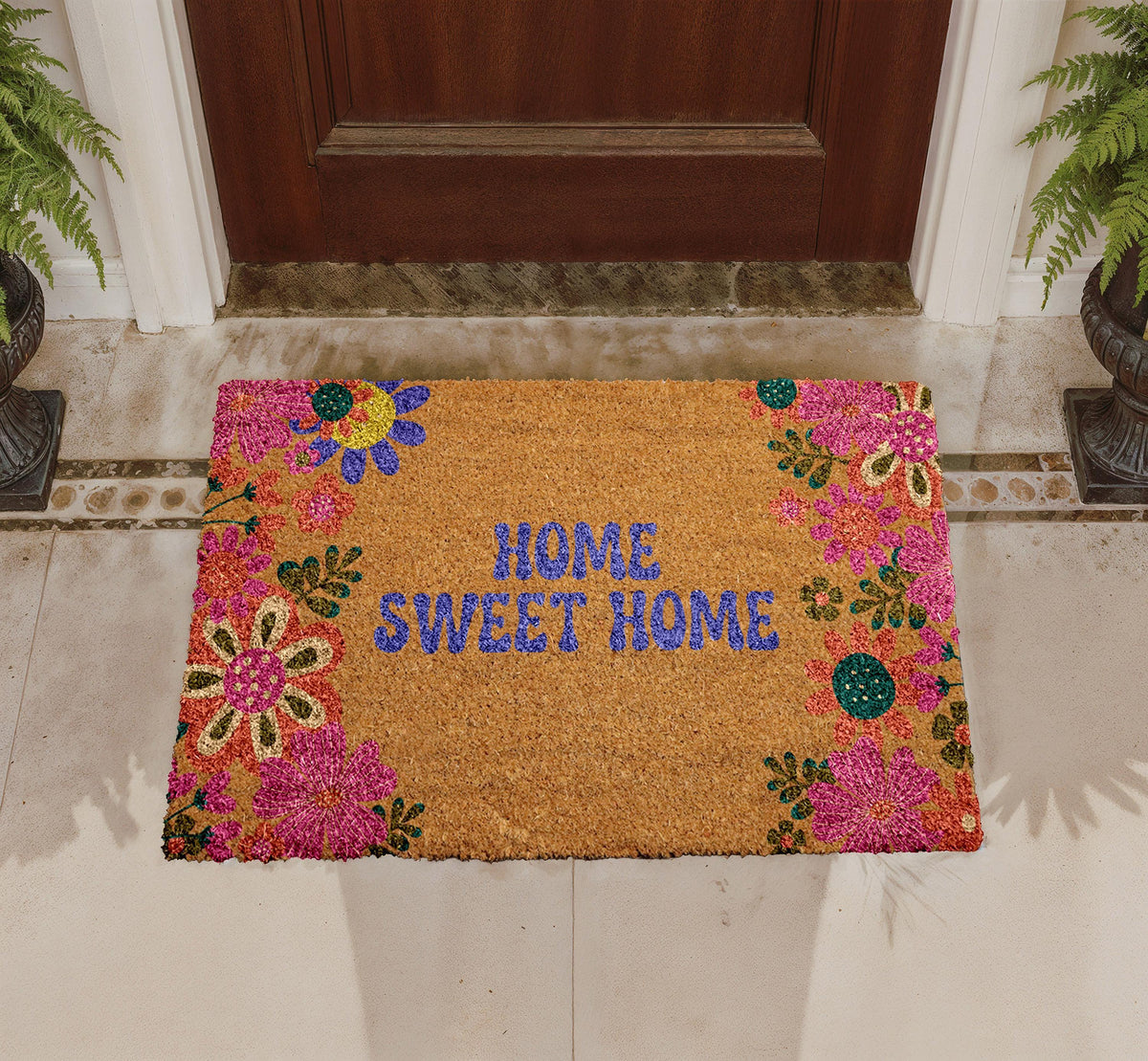 Home Sweet Home Doormat, Colorful Floral Botanical Coir Mat, Outdoor Entry Rug