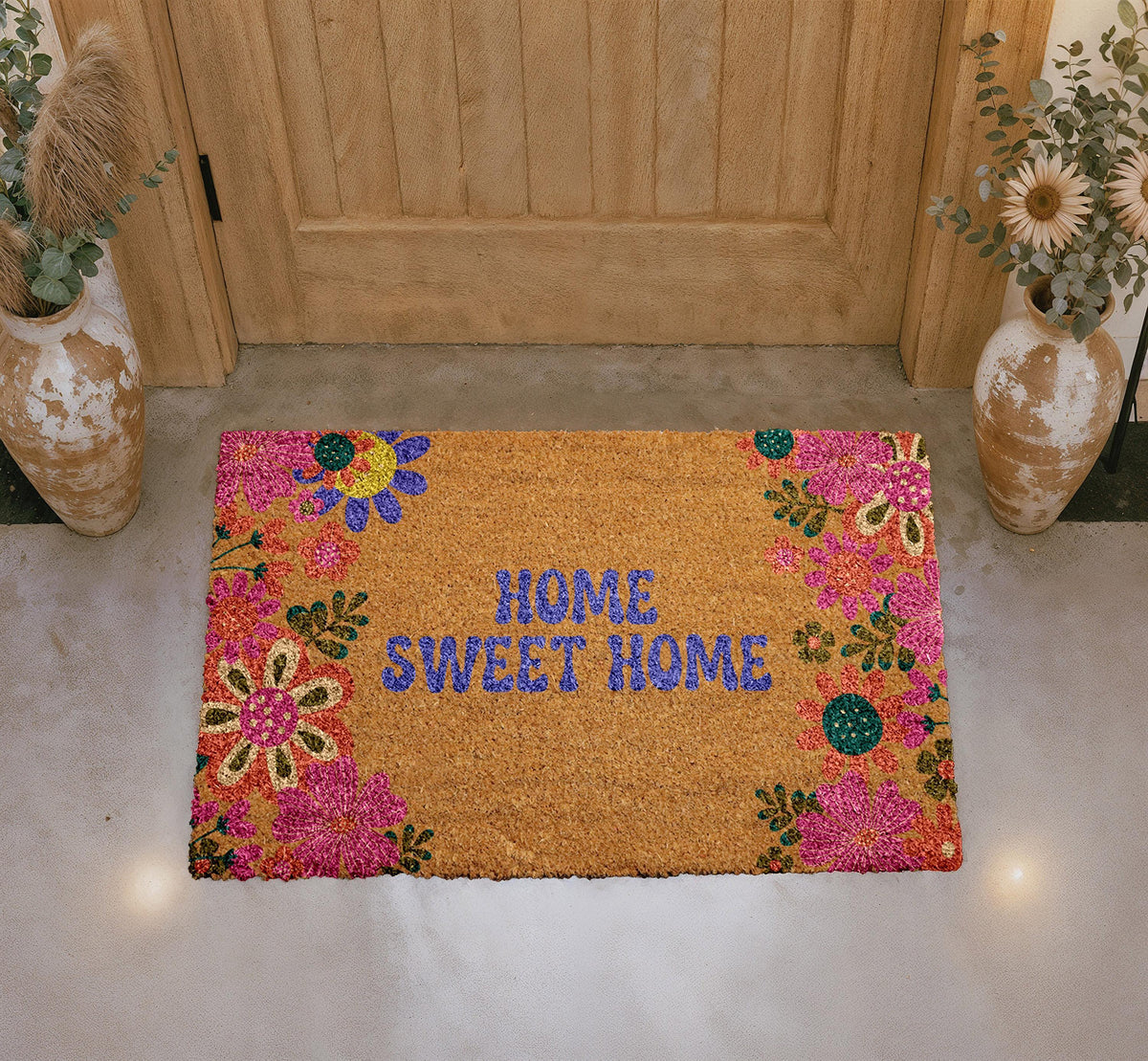 Home Sweet Home Doormat, Colorful Floral Botanical Coir Mat, Outdoor Entry Rug