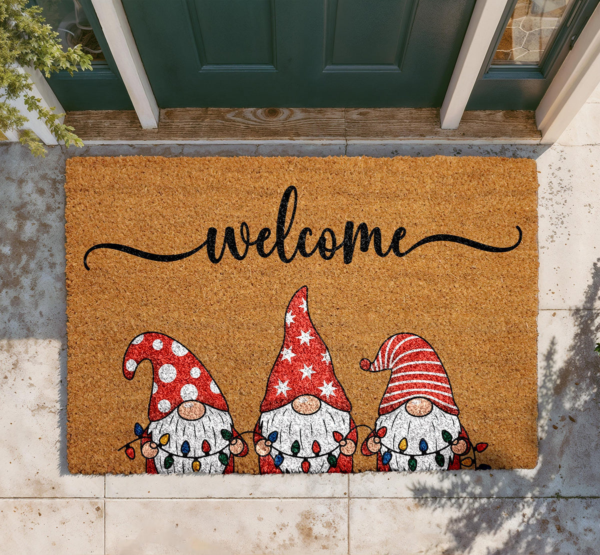 Christmas Gnomes Welcome Doormat, Natural Coir Outdoor Rug, Festive Porch Decor