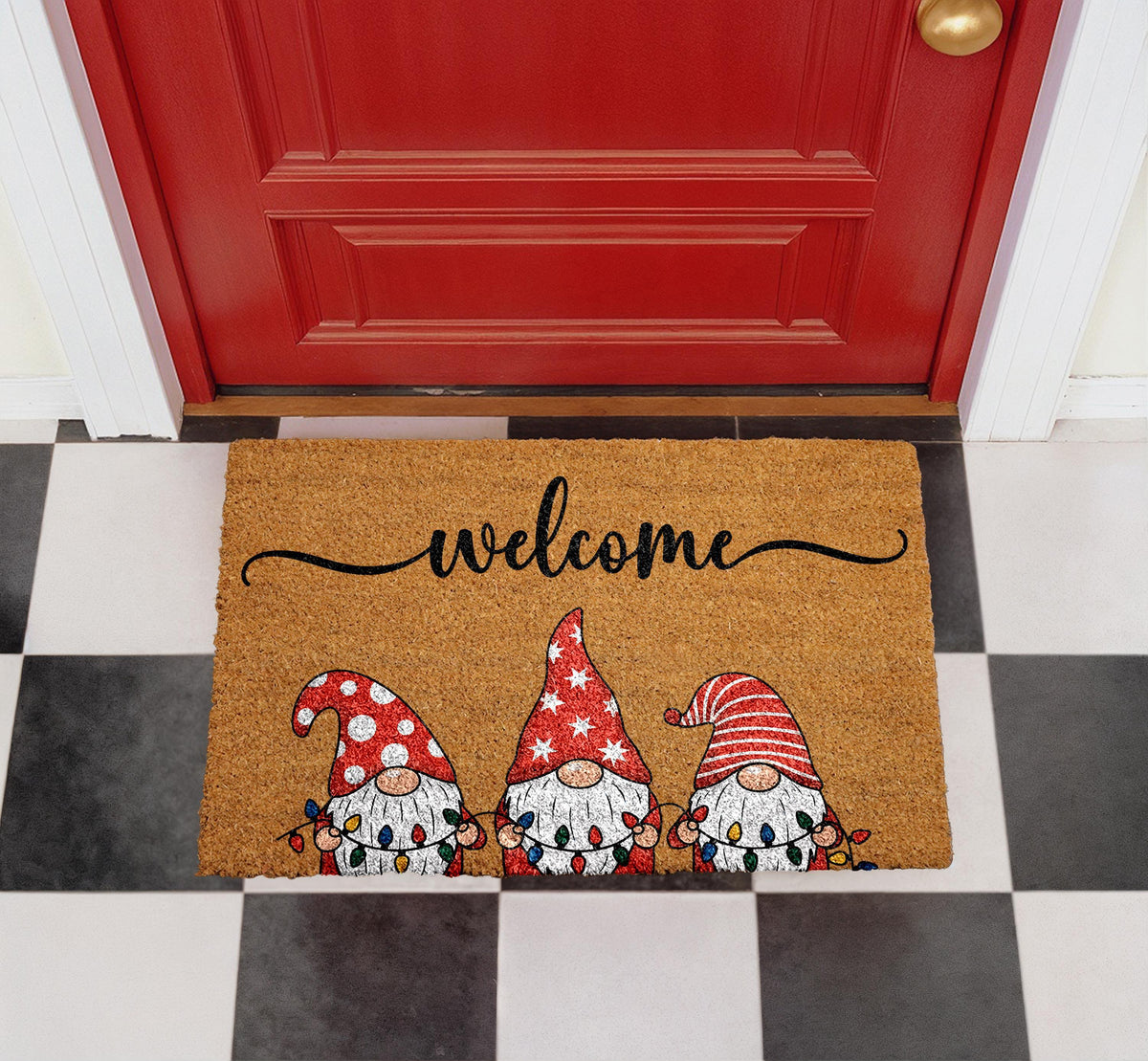 Christmas Gnomes Welcome Doormat, Natural Coir Outdoor Rug, Festive Porch Decor