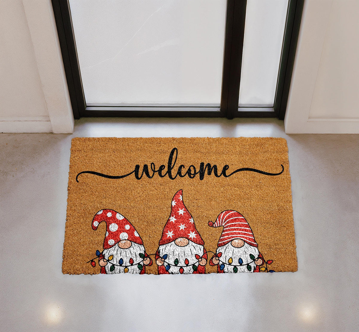 Christmas Gnomes Welcome Doormat, Natural Coir Outdoor Rug, Festive Porch Decor