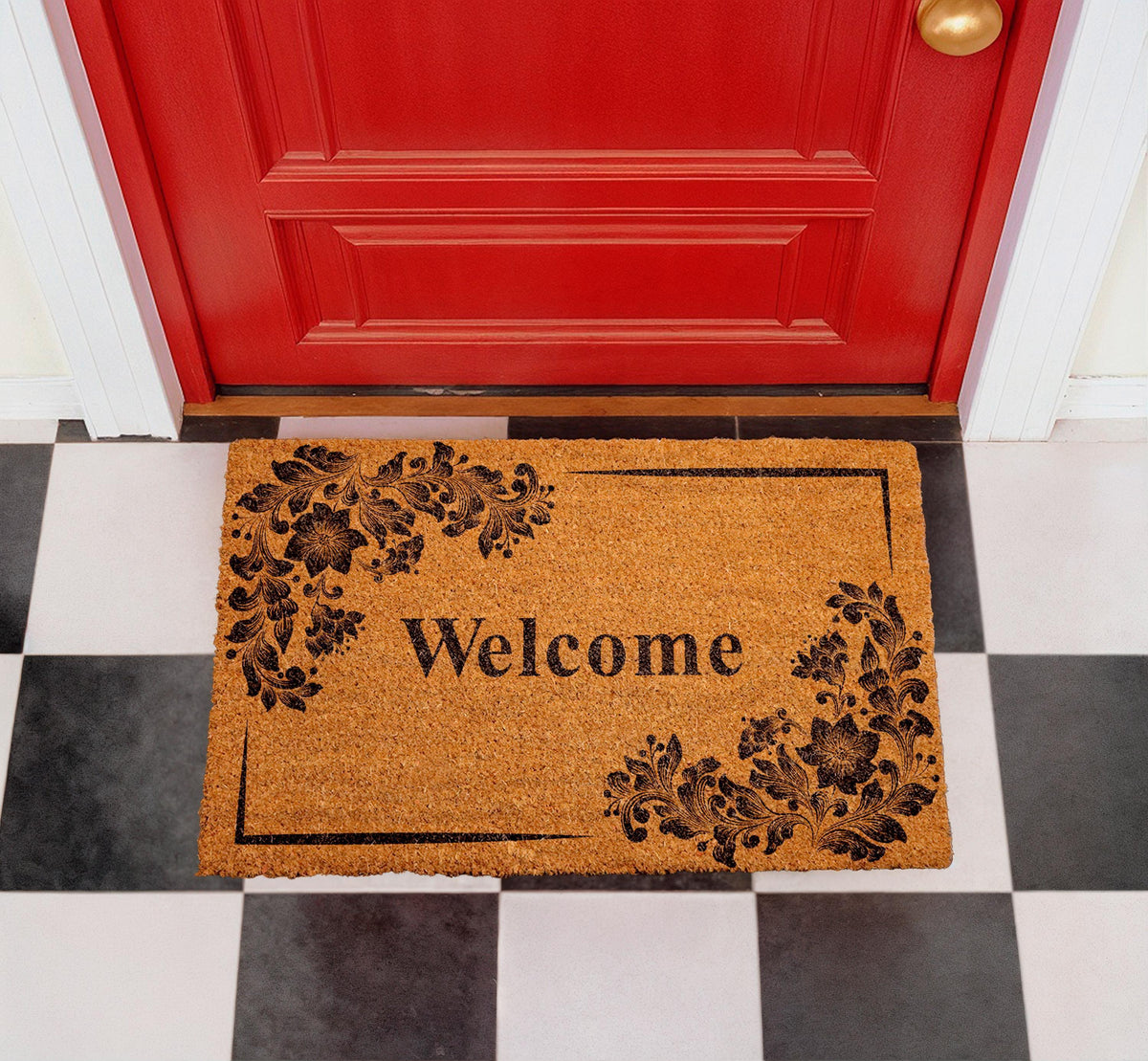 Natural Coir Floral Welcome Doormat, Rustic Farmhouse Entryway Rug