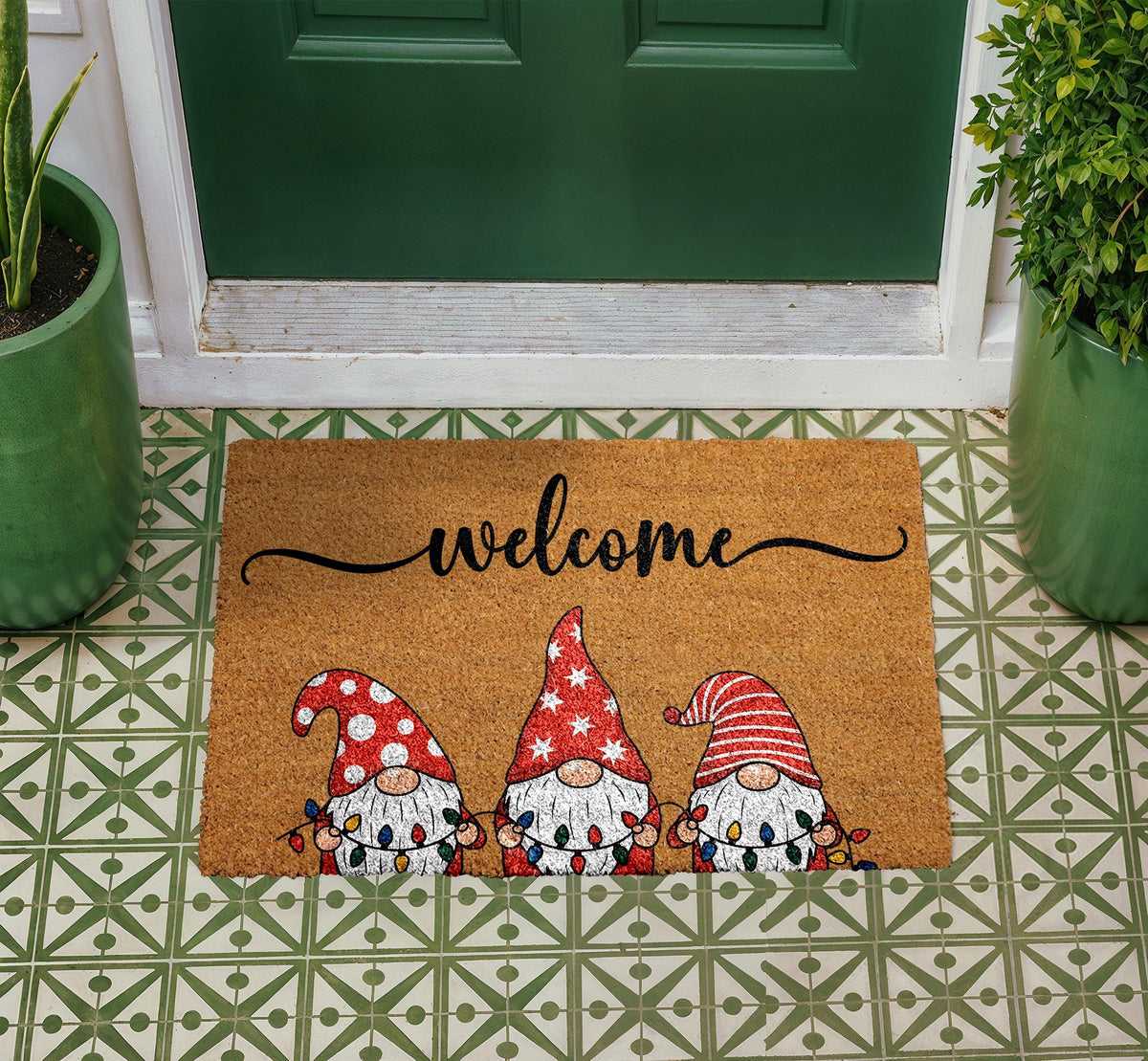 Christmas Gnomes Welcome Doormat, Natural Coir Outdoor Rug, Festive Porch Decor