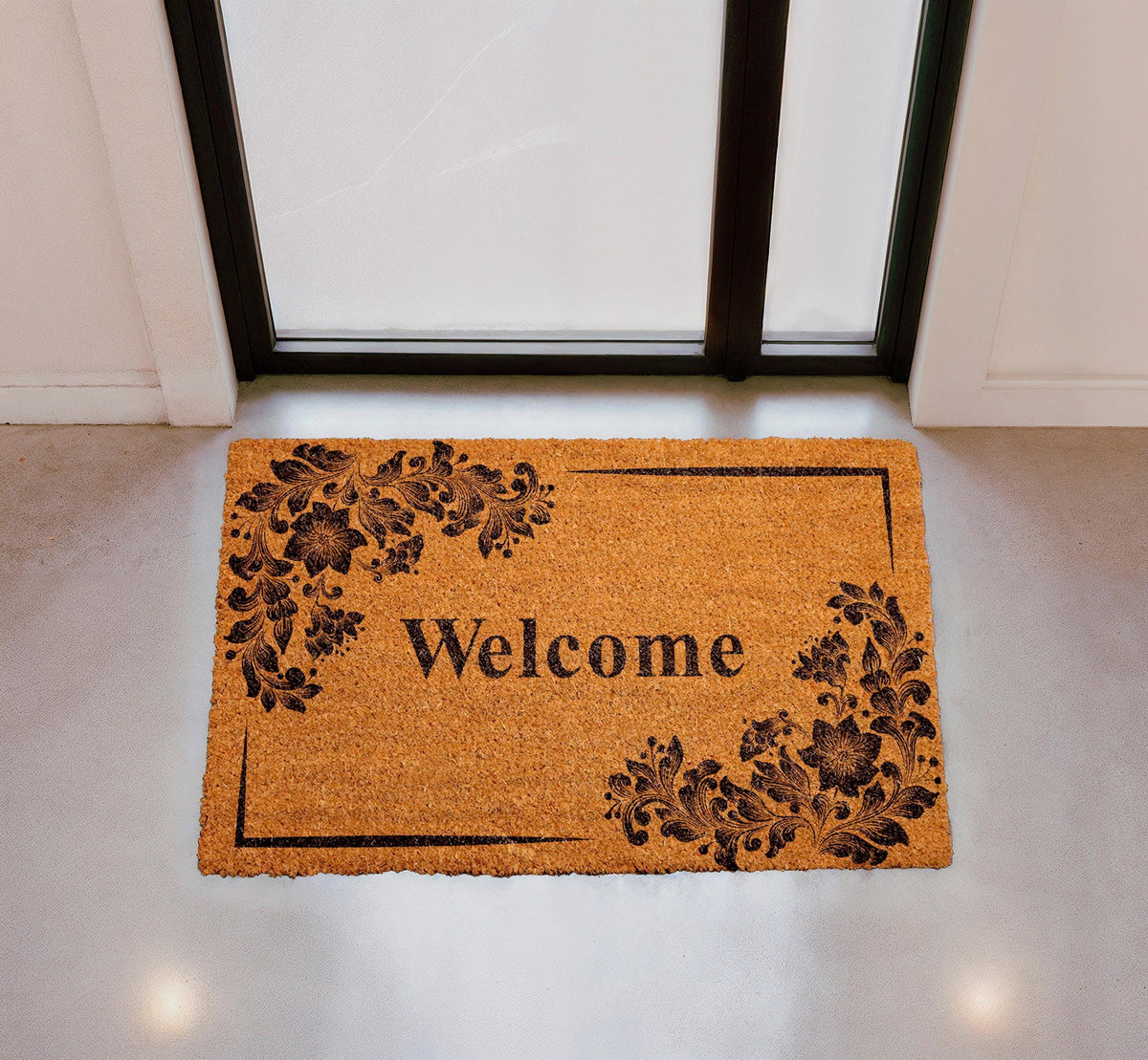 Natural Coir Floral Welcome Doormat, Rustic Farmhouse Entryway Rug