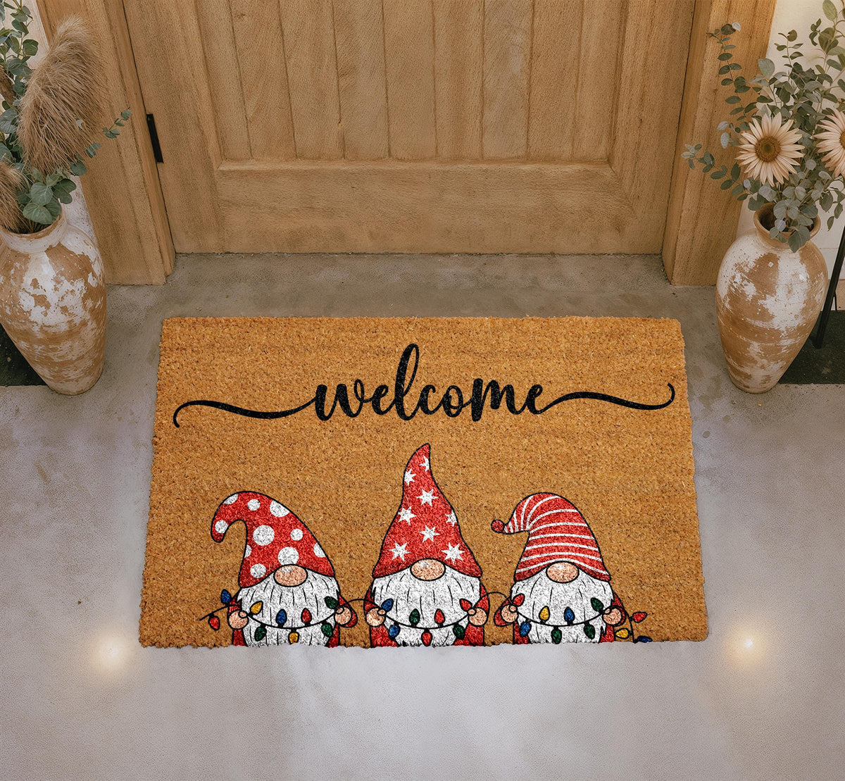 Christmas Gnomes Welcome Doormat, Natural Coir Outdoor Rug, Festive Porch Decor