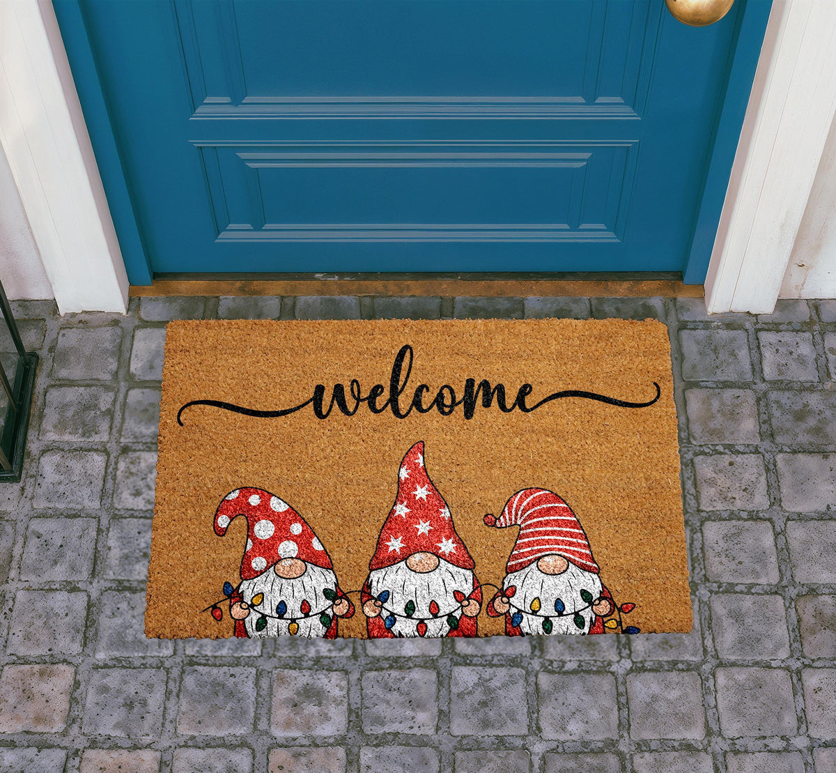 Christmas Gnomes Welcome Doormat, Natural Coir Outdoor Rug, Festive Porch Decor