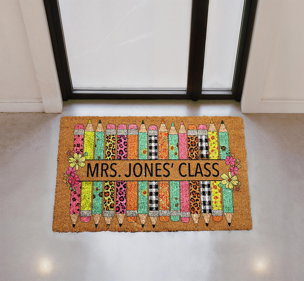 Personalized Teacher Classroom Doormat, Colorful Pencils Welcome Mat