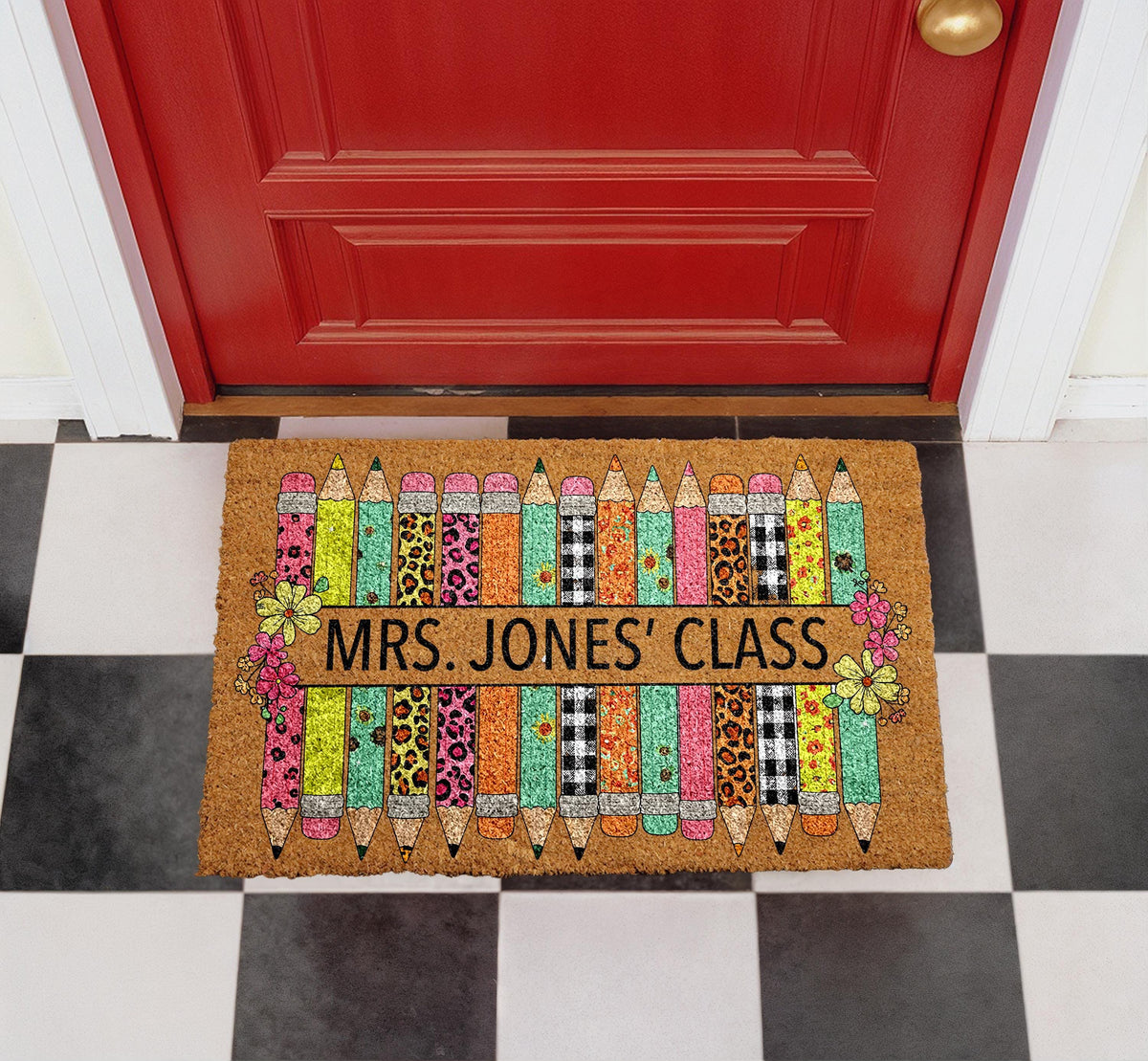 Personalized Teacher Classroom Doormat, Colorful Pencils Welcome Mat