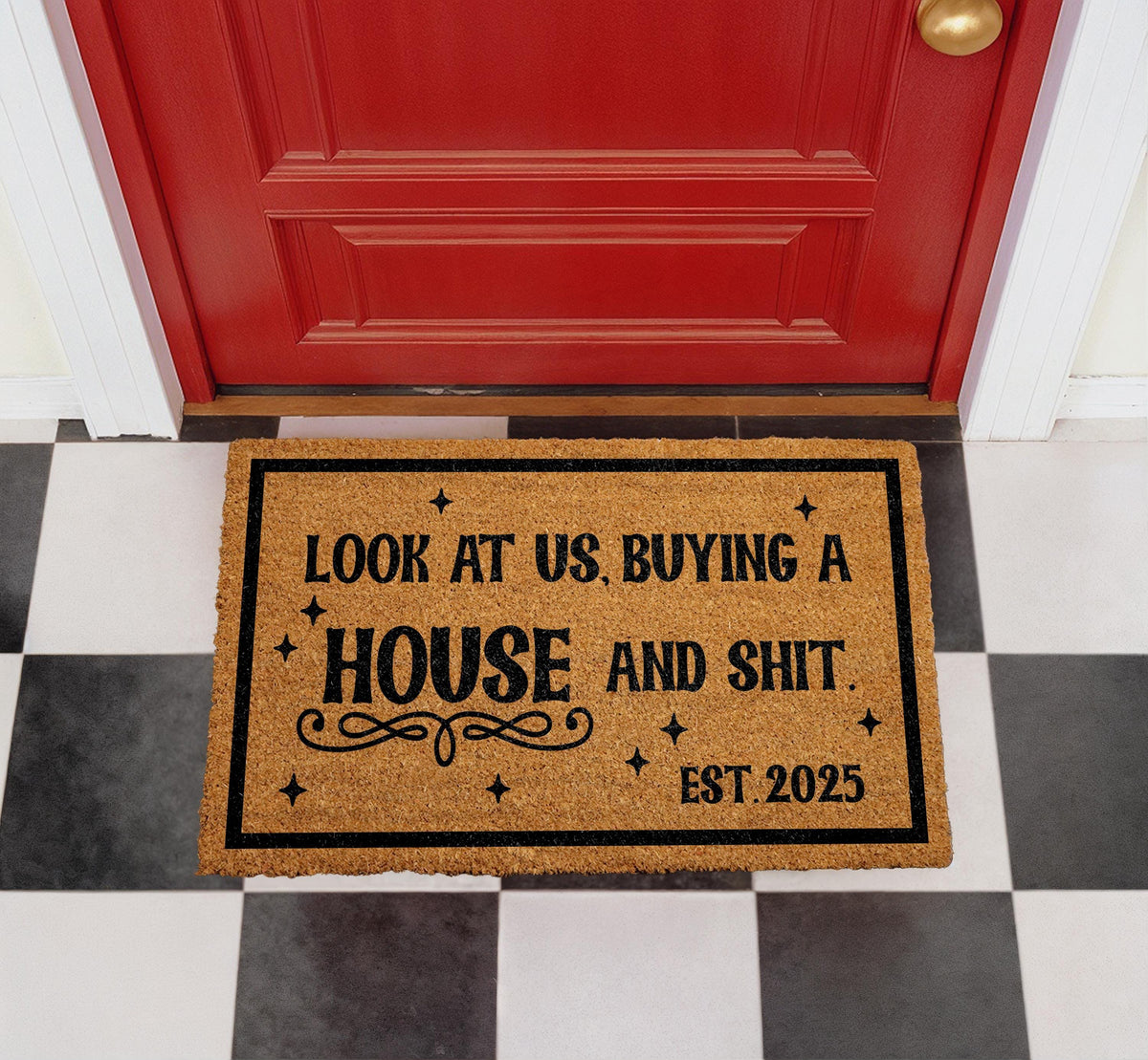 Funny Housewarming Doormat, Personalized Coir Welcome Mat (Est. 2025)