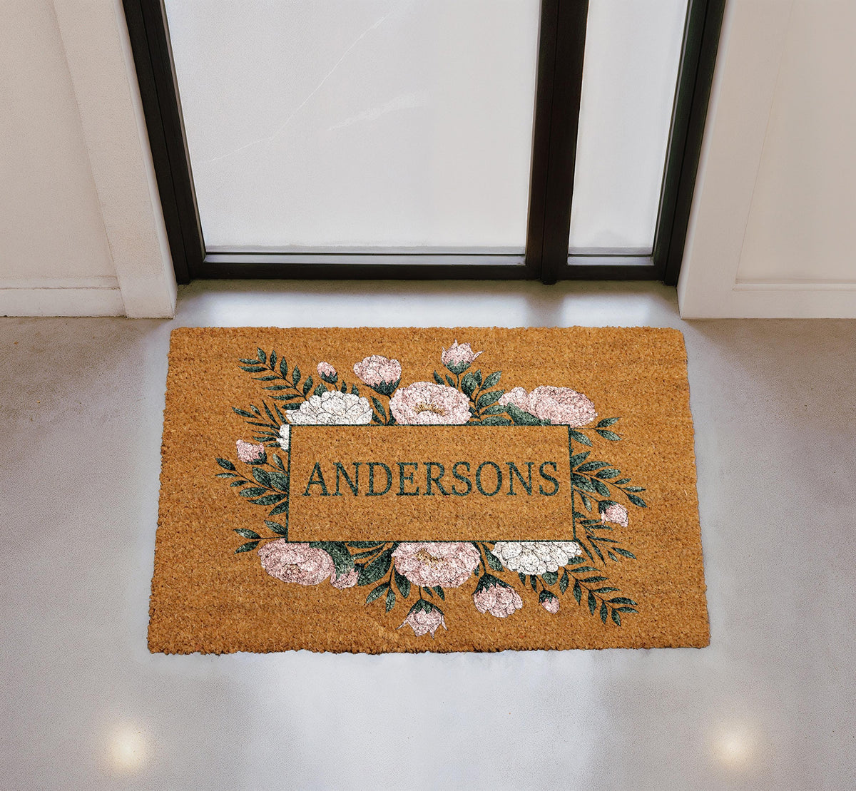 Personalized Floral Coir Doormat, Custom Family Name Welcome Mat (18"x30")