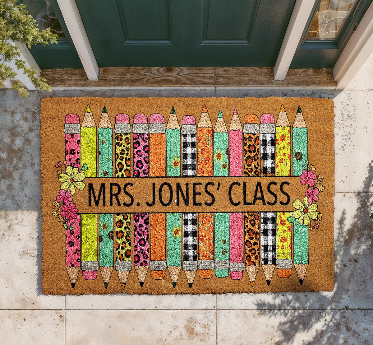 Personalized Teacher Classroom Doormat, Colorful Pencils Welcome Mat