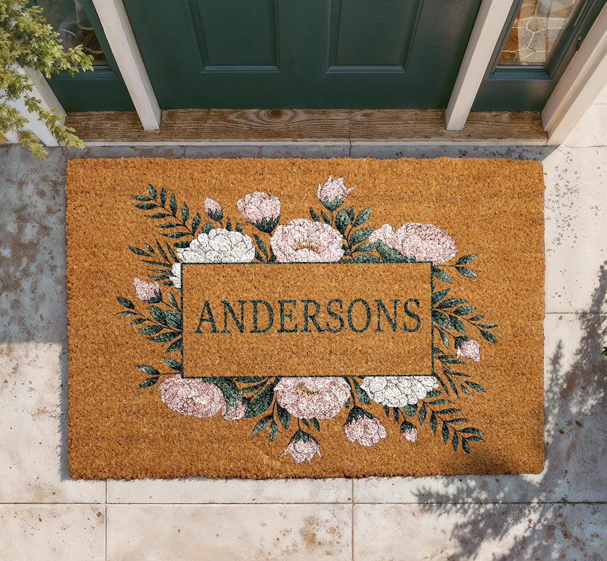 Personalized Floral Coir Doormat, Custom Family Name Welcome Mat (18"x30")