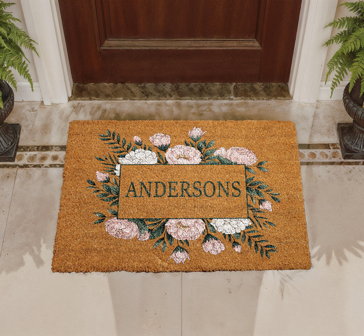 Personalized Floral Coir Doormat, Custom Family Name Welcome Mat (18"x30")