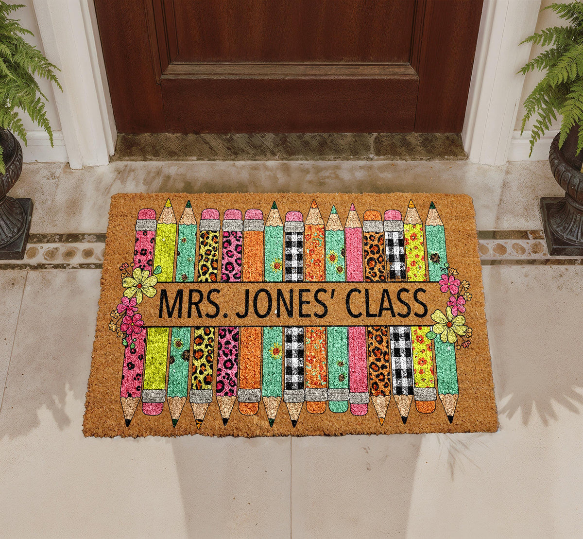 Personalized Teacher Classroom Doormat, Colorful Pencils Welcome Mat