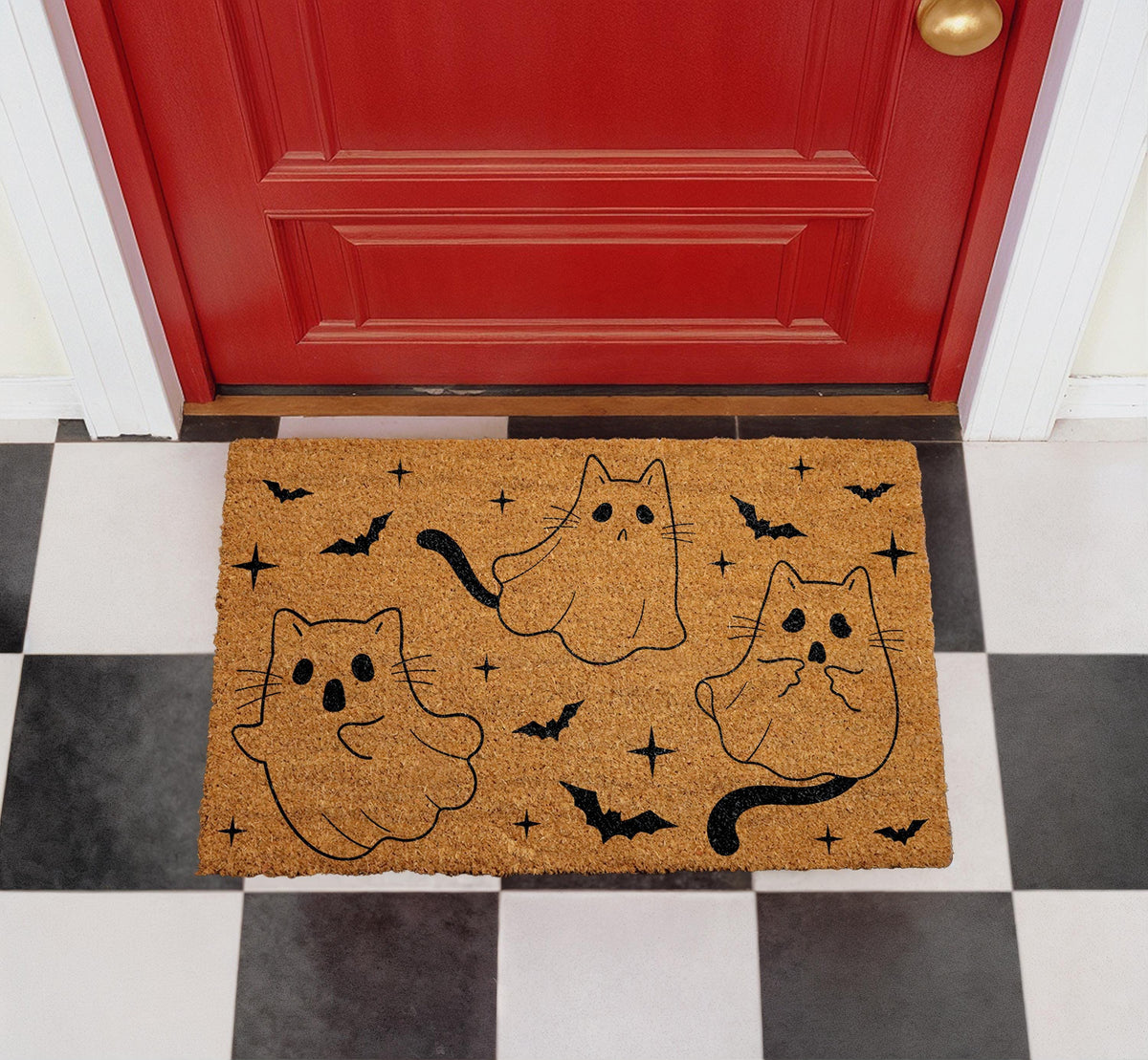 Ghost Cat Doormat, Halloween Bats Coir Entry Rug, Spooky Outdoor Welcome Mat
