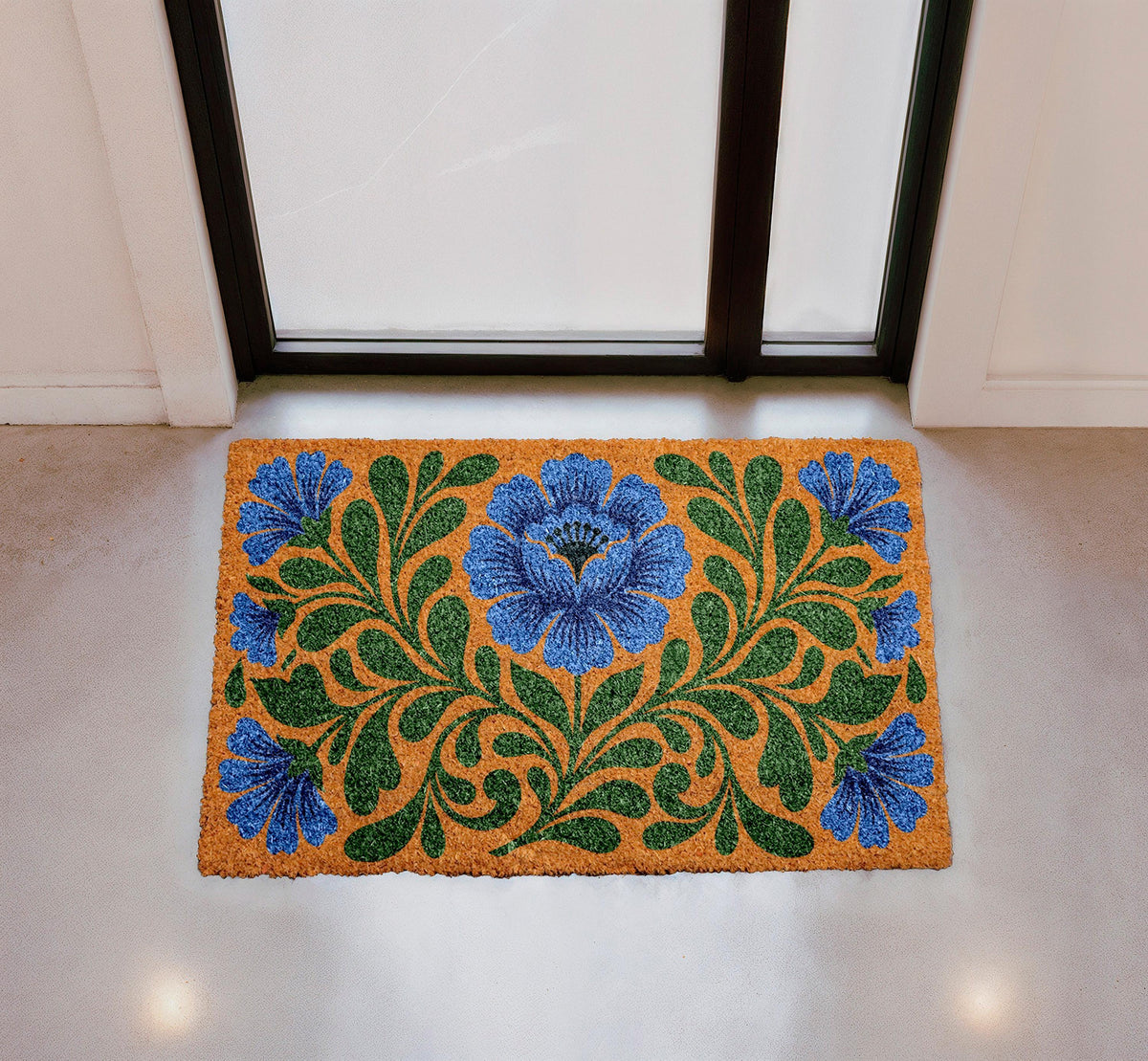 Personalized Blue Floral Coir Doormat, Botanical Welcome Mat (Custom Name)