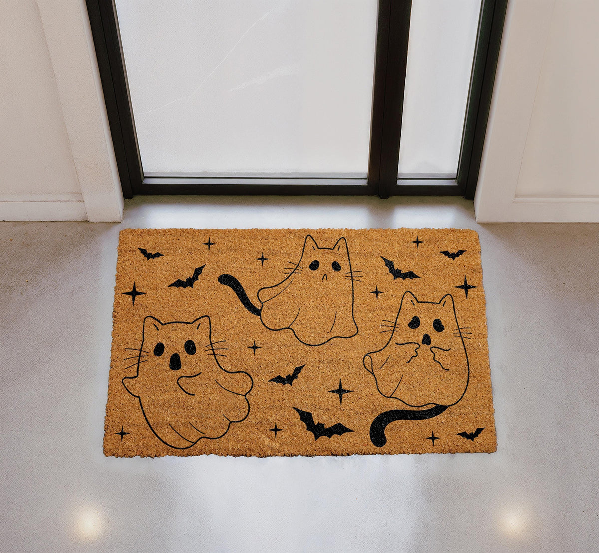 Ghost Cat Doormat, Halloween Bats Coir Entry Rug, Spooky Outdoor Welcome Mat