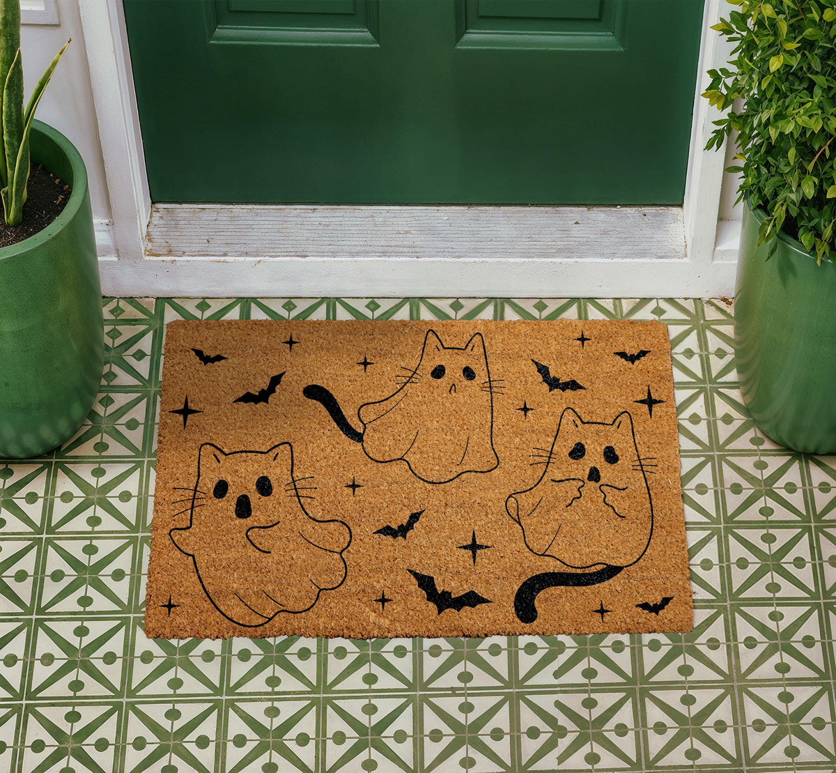 Ghost Cat Doormat, Halloween Bats Coir Entry Rug, Spooky Outdoor Welcome Mat