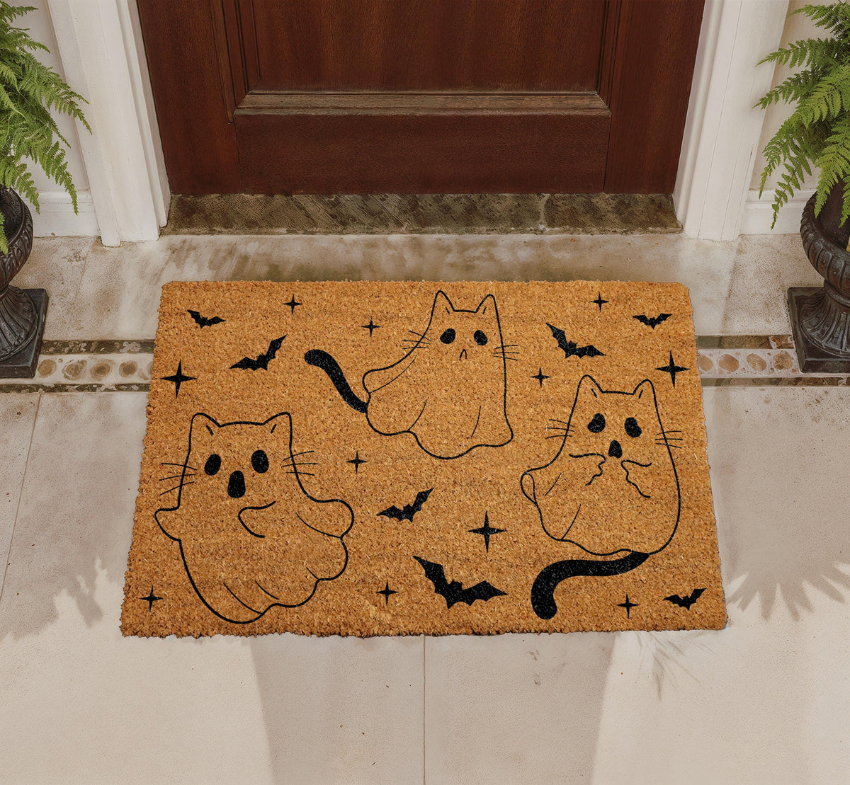 Ghost Cat Doormat, Halloween Bats Coir Entry Rug, Spooky Outdoor Welcome Mat