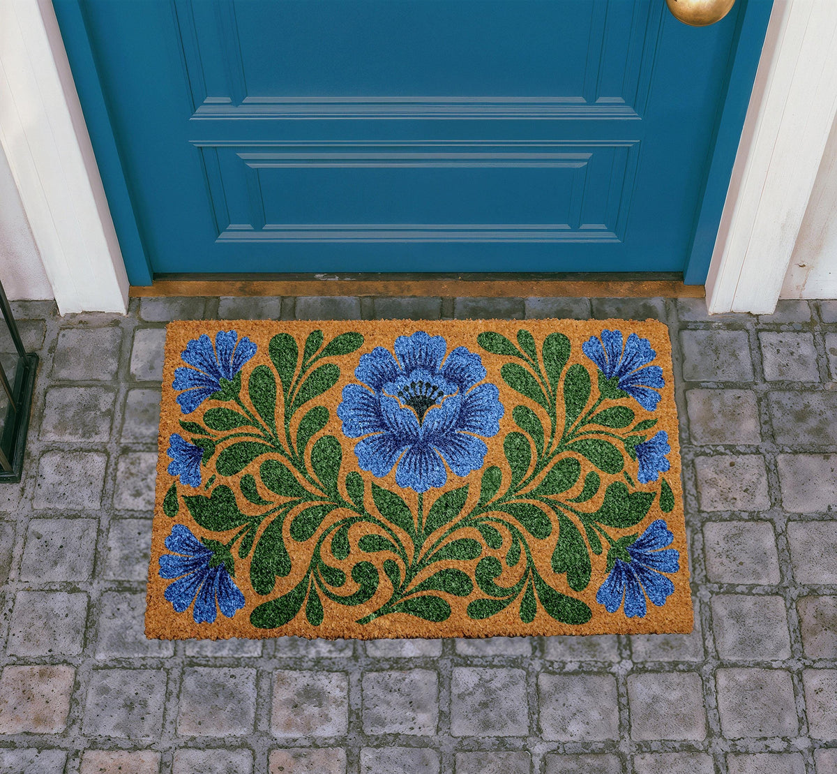 Personalized Blue Floral Coir Doormat, Botanical Welcome Mat (Custom Name)