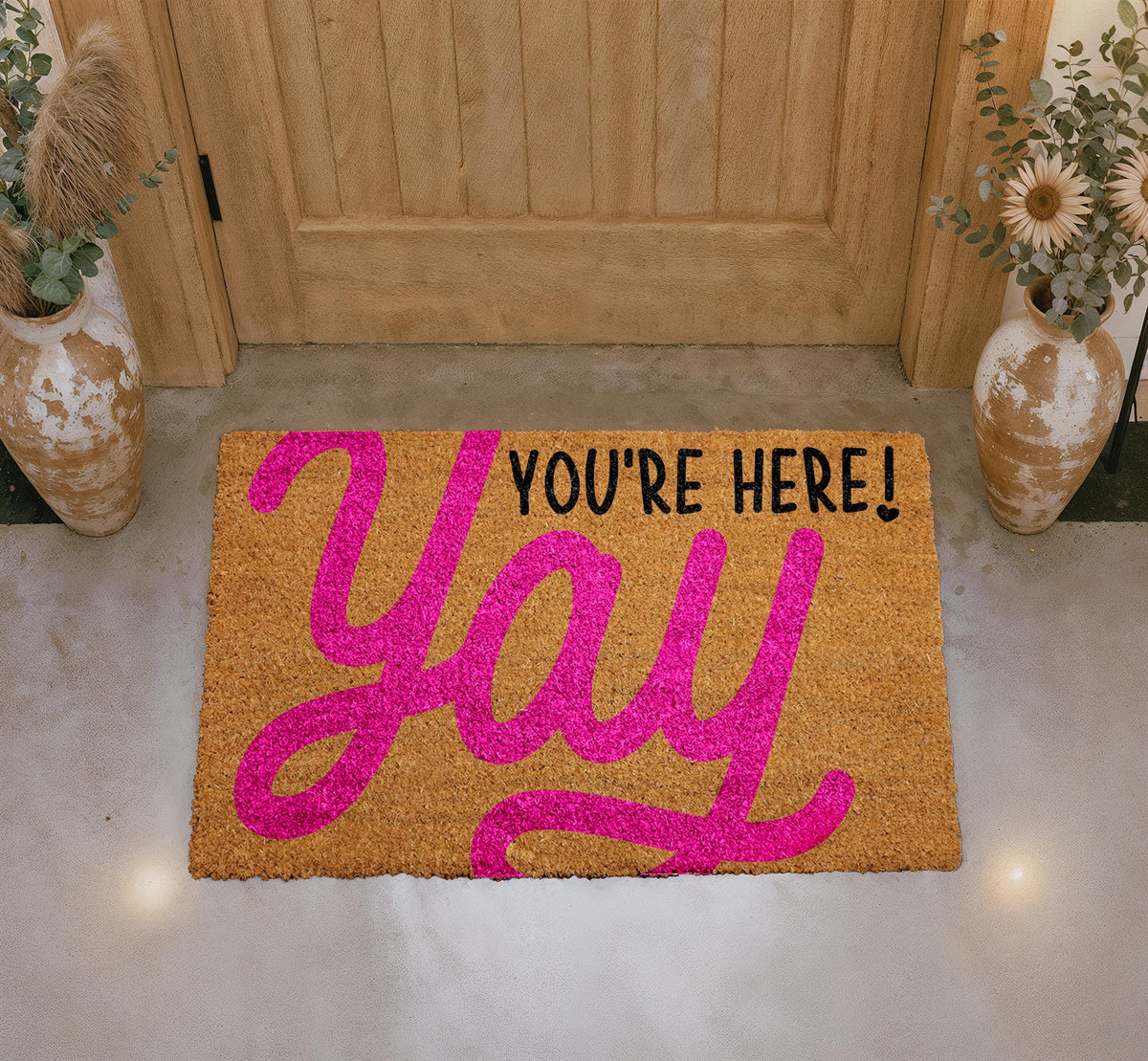 Yay You're Here Doormat, Cheerful Welcome Mat, Natural Coir Entryway Rug