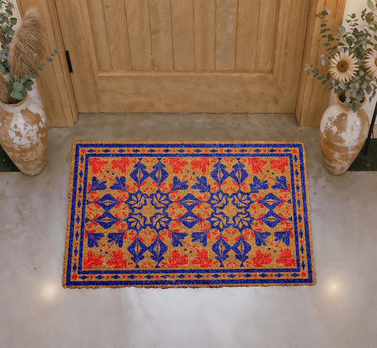 Personalized Coir Carpet Doormat, Traditional Floral Welcome Mat, Custom Entry Rug