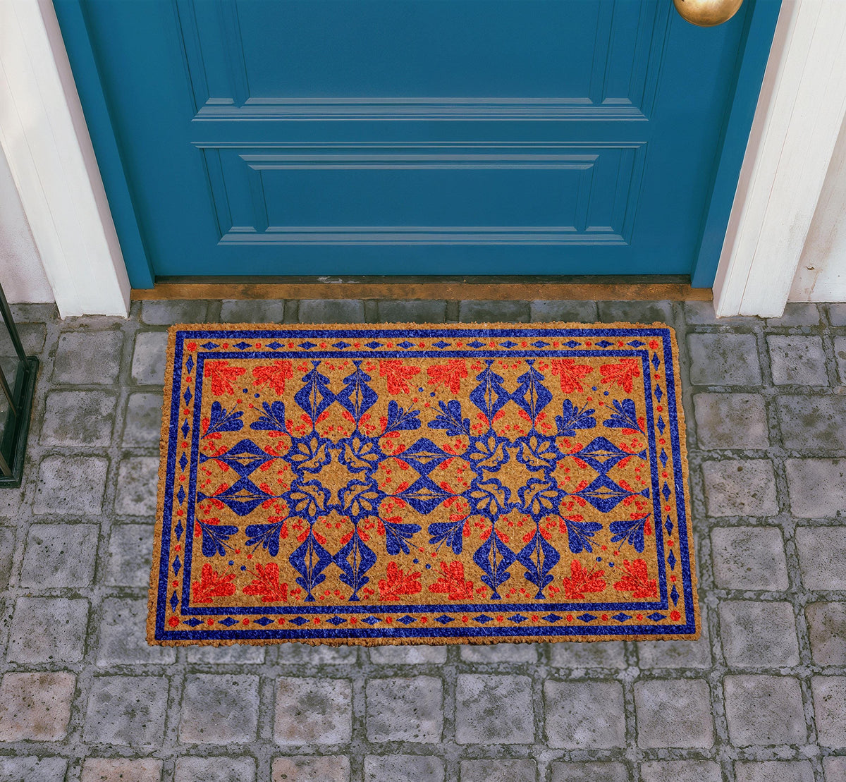 Personalized Coir Carpet Doormat, Traditional Floral Welcome Mat, Custom Entry Rug
