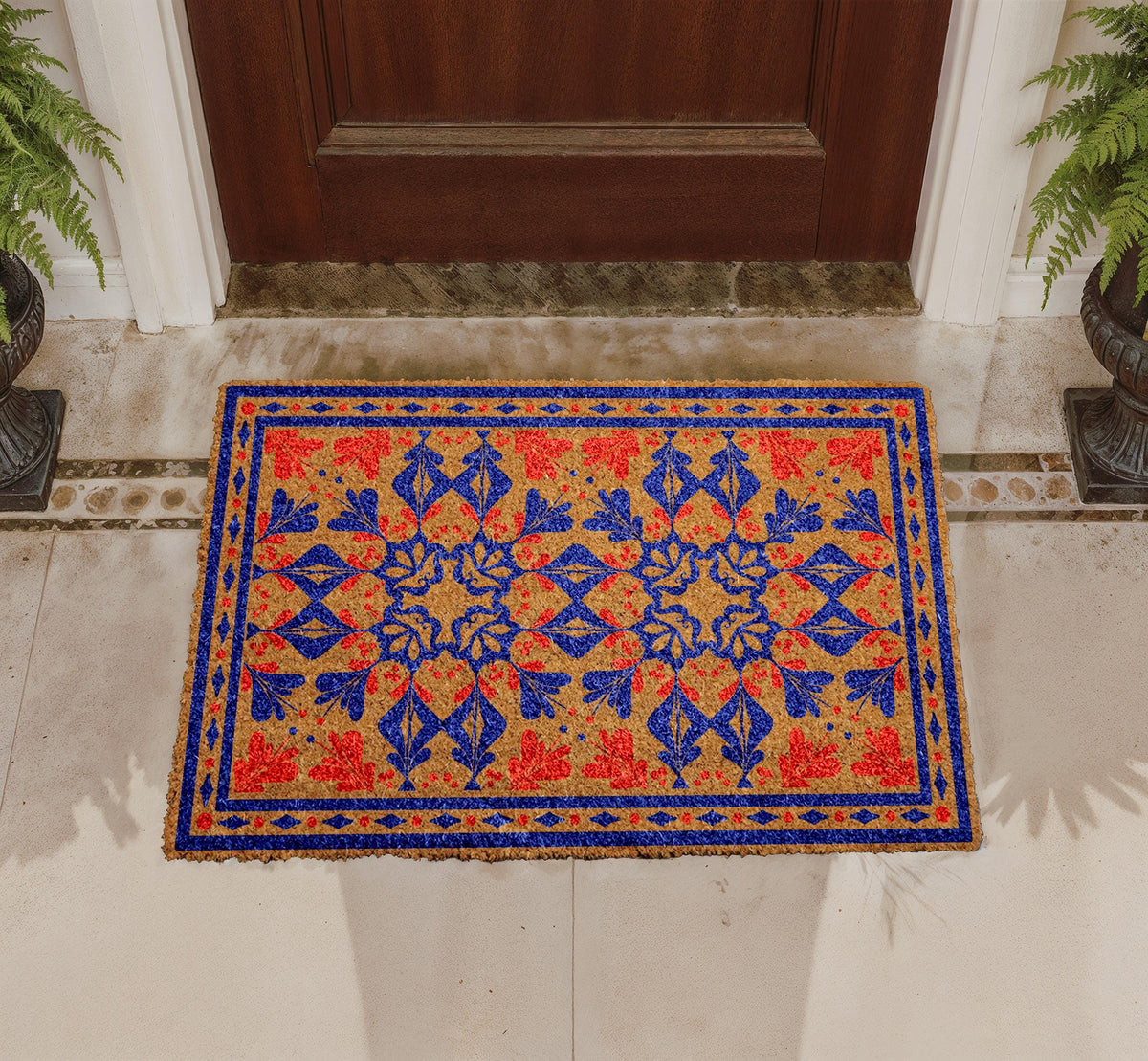 Personalized Coir Carpet Doormat, Traditional Floral Welcome Mat, Custom Entry Rug