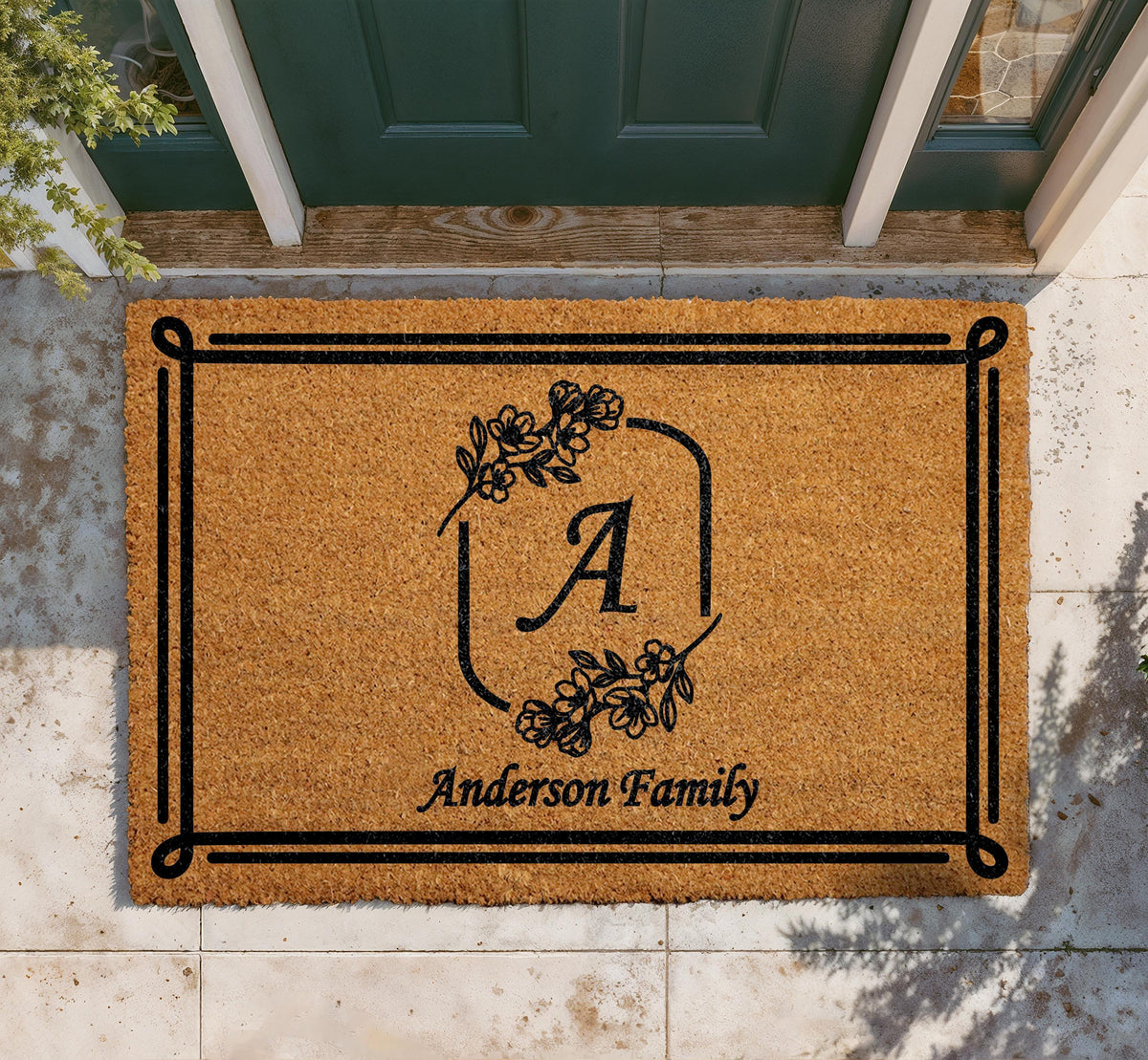 Personalized Floral Monogram Doormat, Custom Family Name Welcome Mat, Outdoor Entry Rug