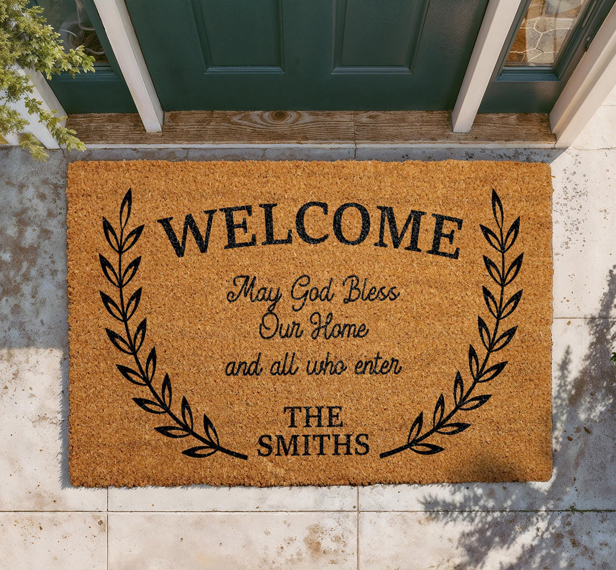 Personalized Coir Doormat, May God Bless Our Home Welcome Mat, Christian Laurel Wreath Rug