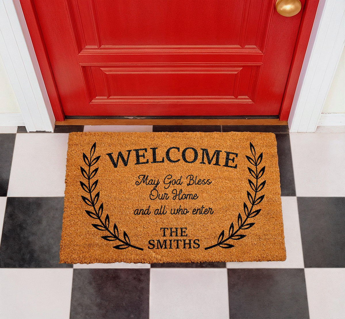 Personalized Coir Doormat, May God Bless Our Home Welcome Mat, Christian Laurel Wreath Rug
