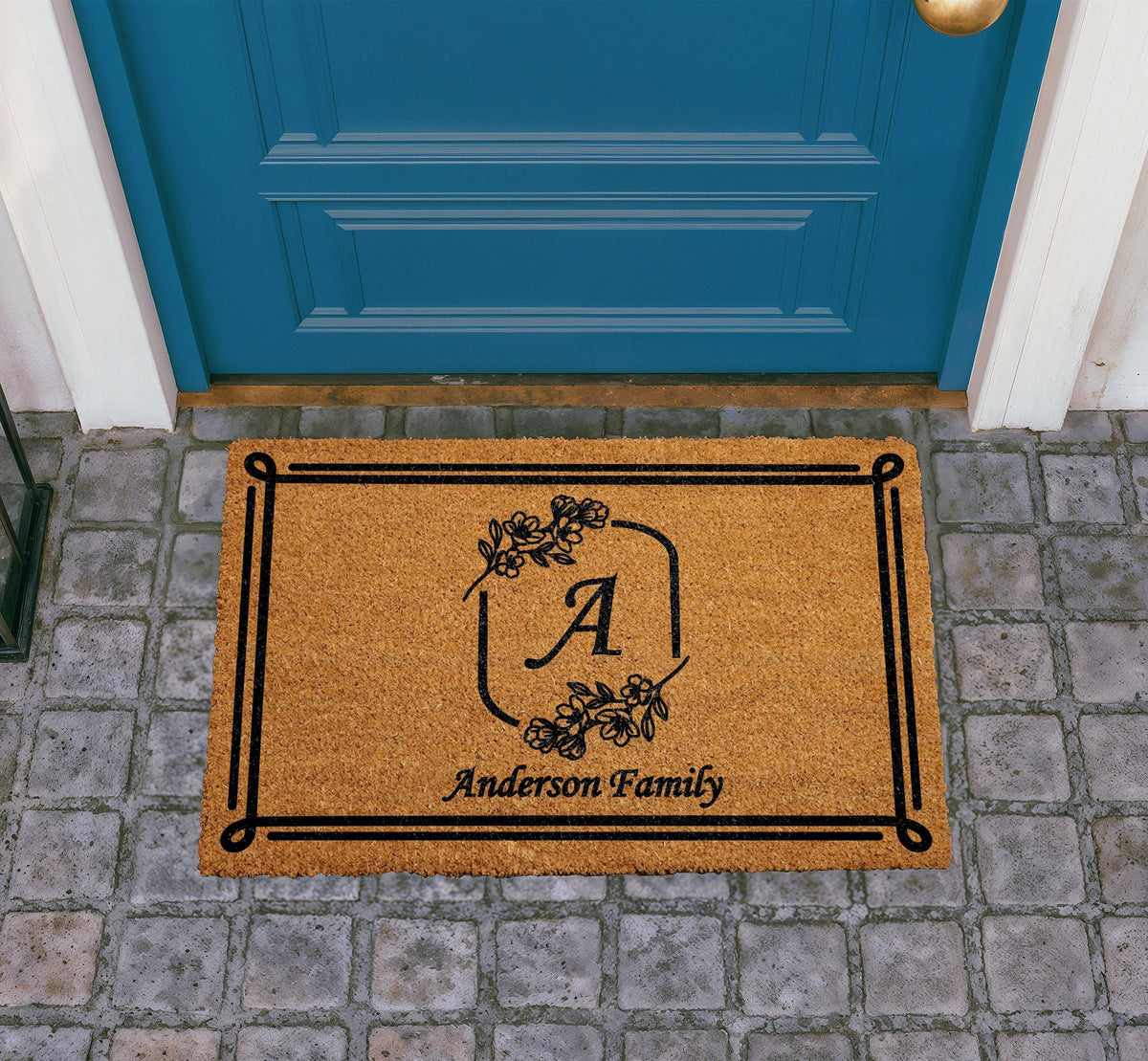 Personalized Floral Monogram Doormat, Custom Family Name Welcome Mat, Outdoor Entry Rug