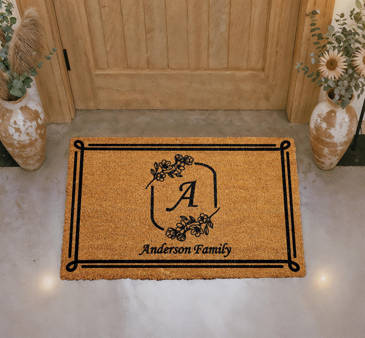 Personalized Floral Monogram Doormat, Custom Family Name Welcome Mat, Outdoor Entry Rug