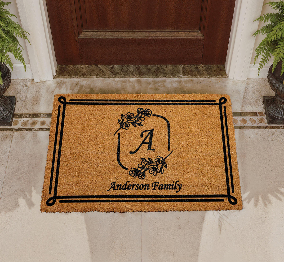 Personalized Floral Monogram Doormat, Custom Family Name Welcome Mat, Outdoor Entry Rug