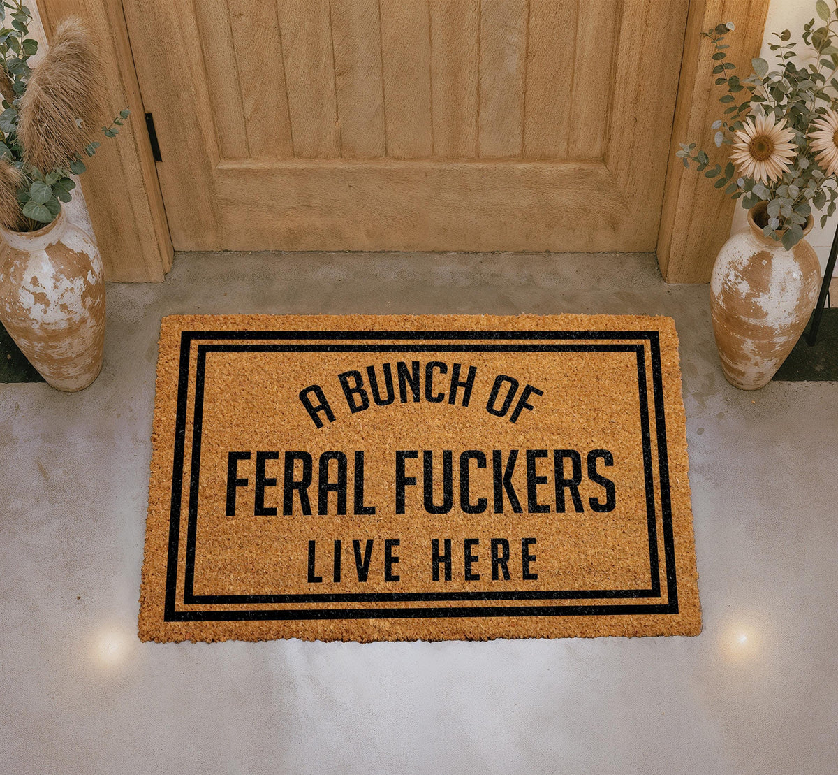 Feral Fuckers Live Here Doormat, Funny Welcome Entryway Mat, Natural Coir Rug