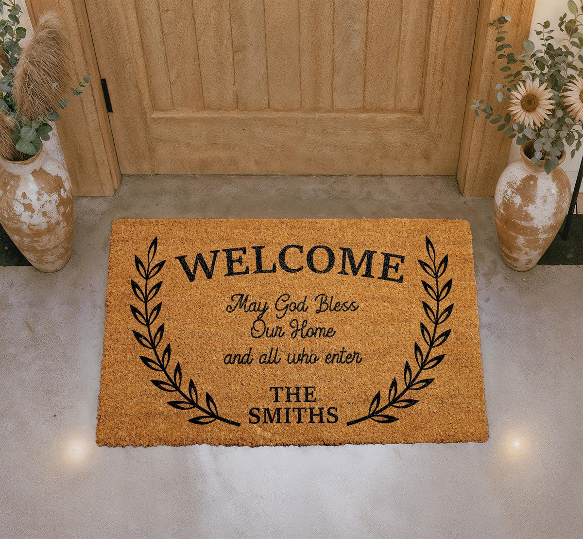 Personalized Coir Doormat, May God Bless Our Home Welcome Mat, Christian Laurel Wreath Rug