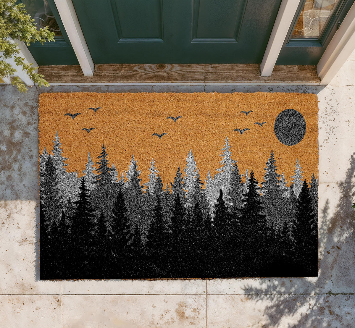Spooky Forest Doormat, Pine Tree Silhouette Welcome Mat, Woodland Night Scene Mat, Nature Inspired Door Mat, Moonlit Sky Entryway Coir Rug