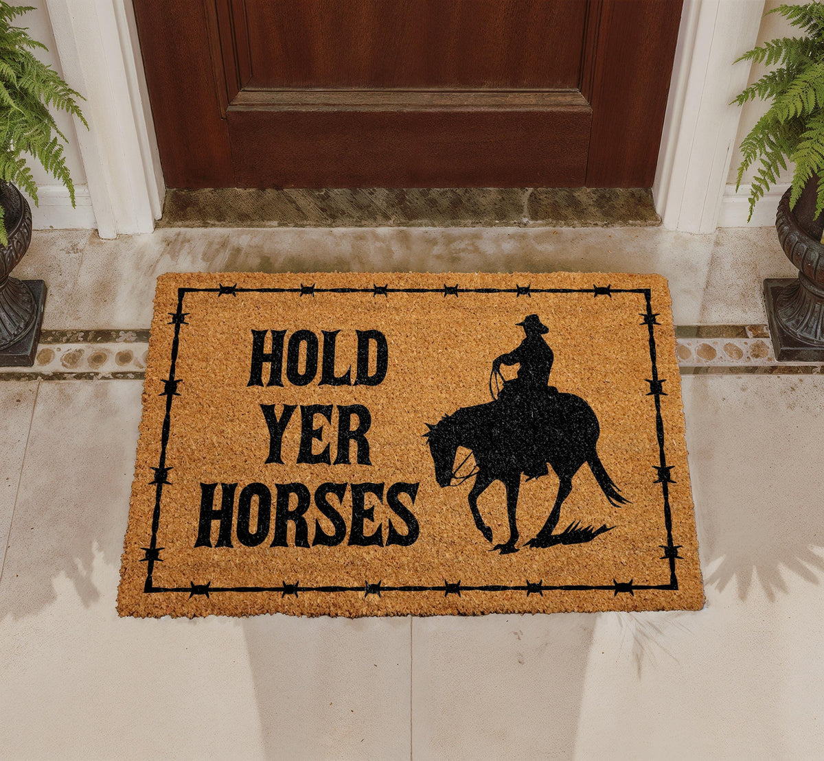 Hold Yer Horses Cowboy Outdoor Mat, Rustic Western Farmhouse Decor