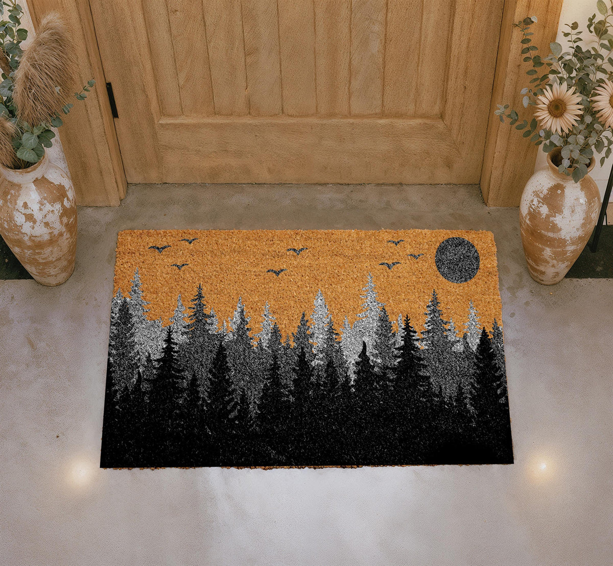 Spooky Forest Doormat, Pine Tree Silhouette Welcome Mat, Woodland Night Scene Mat, Nature Inspired Door Mat, Moonlit Sky Entryway Coir Rug