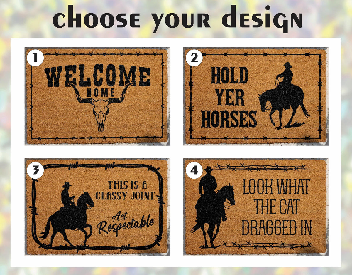 Hold Yer Horses Cowboy Outdoor Mat, Rustic Western Farmhouse Decor