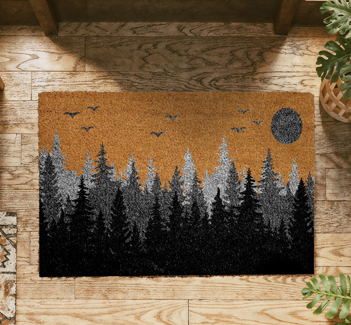 Spooky Forest Doormat, Pine Tree Silhouette Welcome Mat, Woodland Night Scene Mat, Nature Inspired Door Mat, Moonlit Sky Entryway Coir Rug