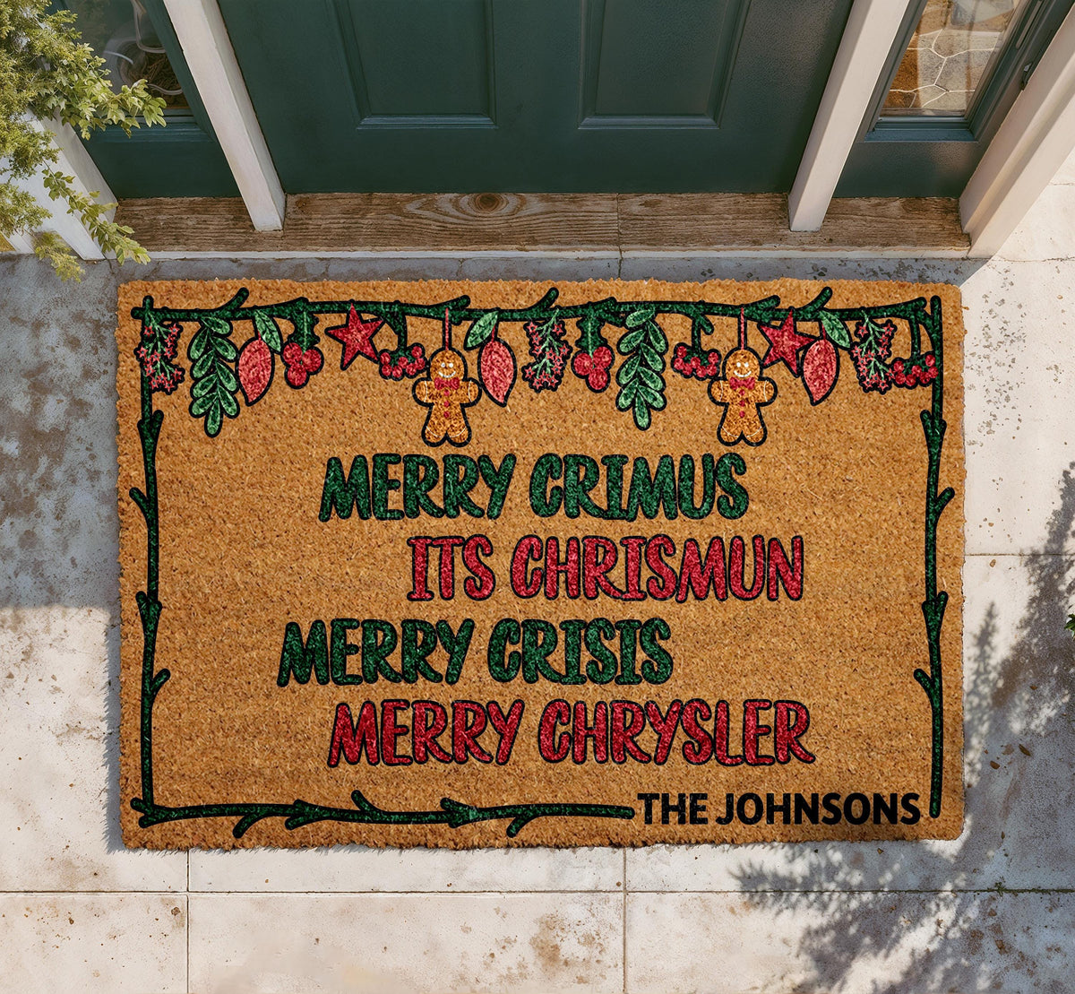 Personalized Merry Christmas Doormat, Custom Family Name Coir Rug, Funny Xmas Porch Decor
