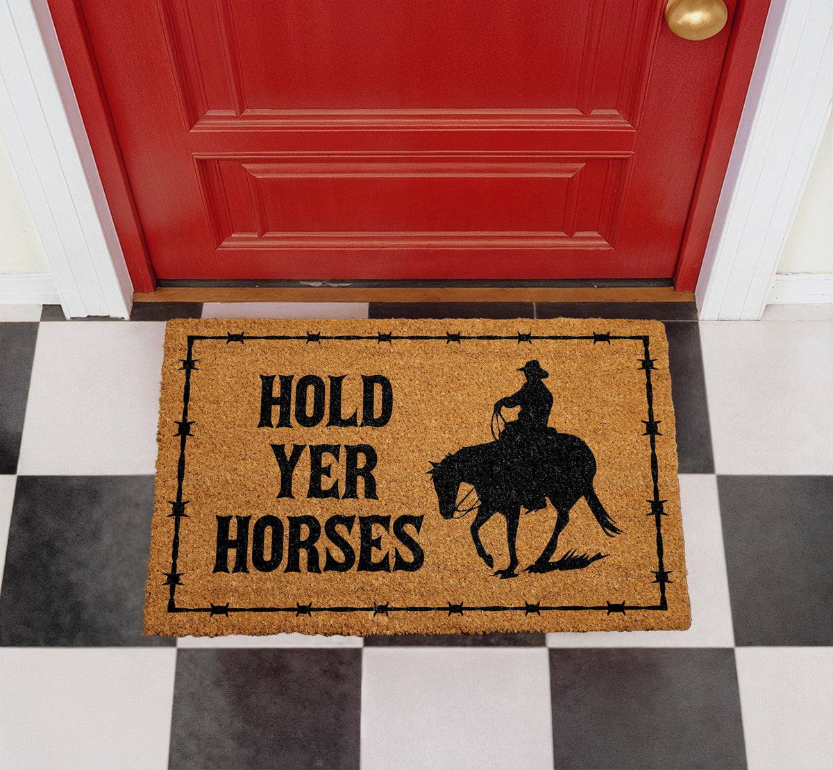Hold Yer Horses Cowboy Outdoor Mat, Rustic Western Farmhouse Decor