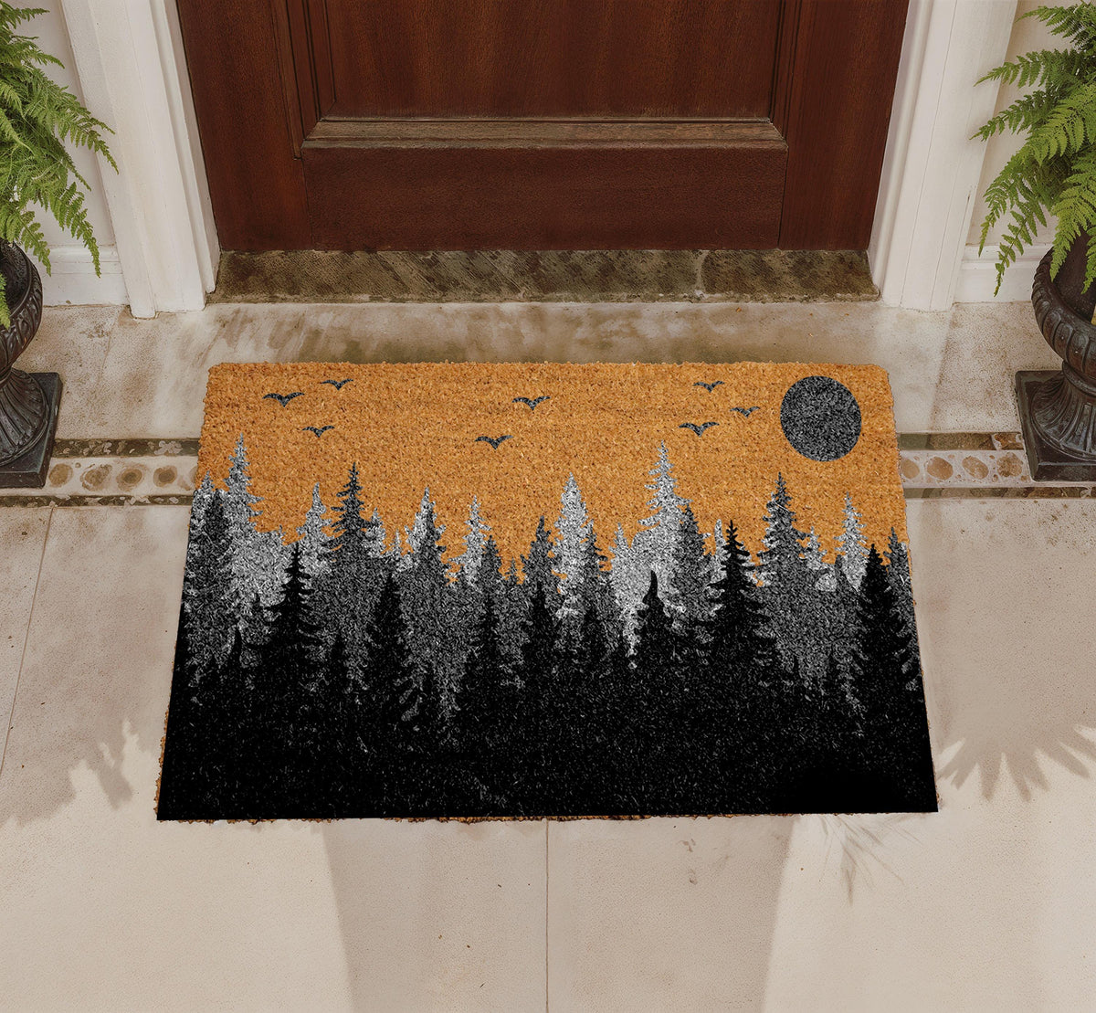 Spooky Forest Doormat, Pine Tree Silhouette Welcome Mat, Woodland Night Scene Mat, Nature Inspired Door Mat, Moonlit Sky Entryway Coir Rug