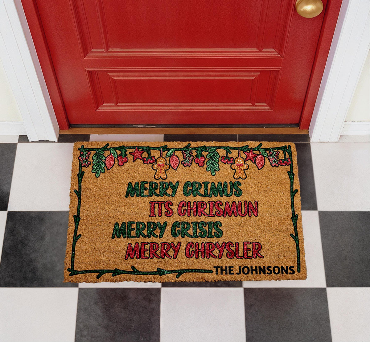 Personalized Merry Christmas Doormat, Custom Family Name Coir Rug, Funny Xmas Porch Decor